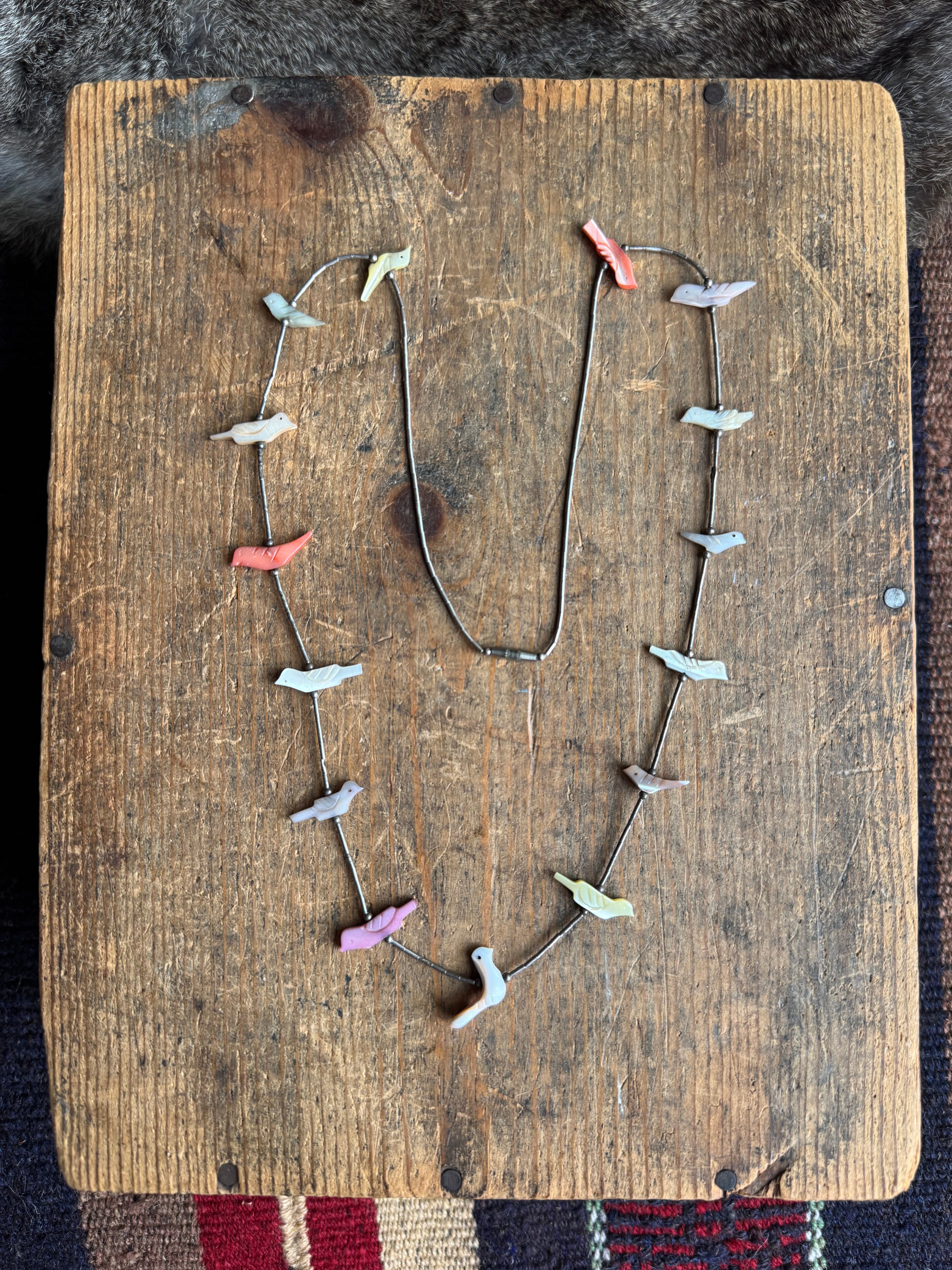 Vintage Sterling Silver Bead Multicolored Mother of Pearl Fetish Necklace