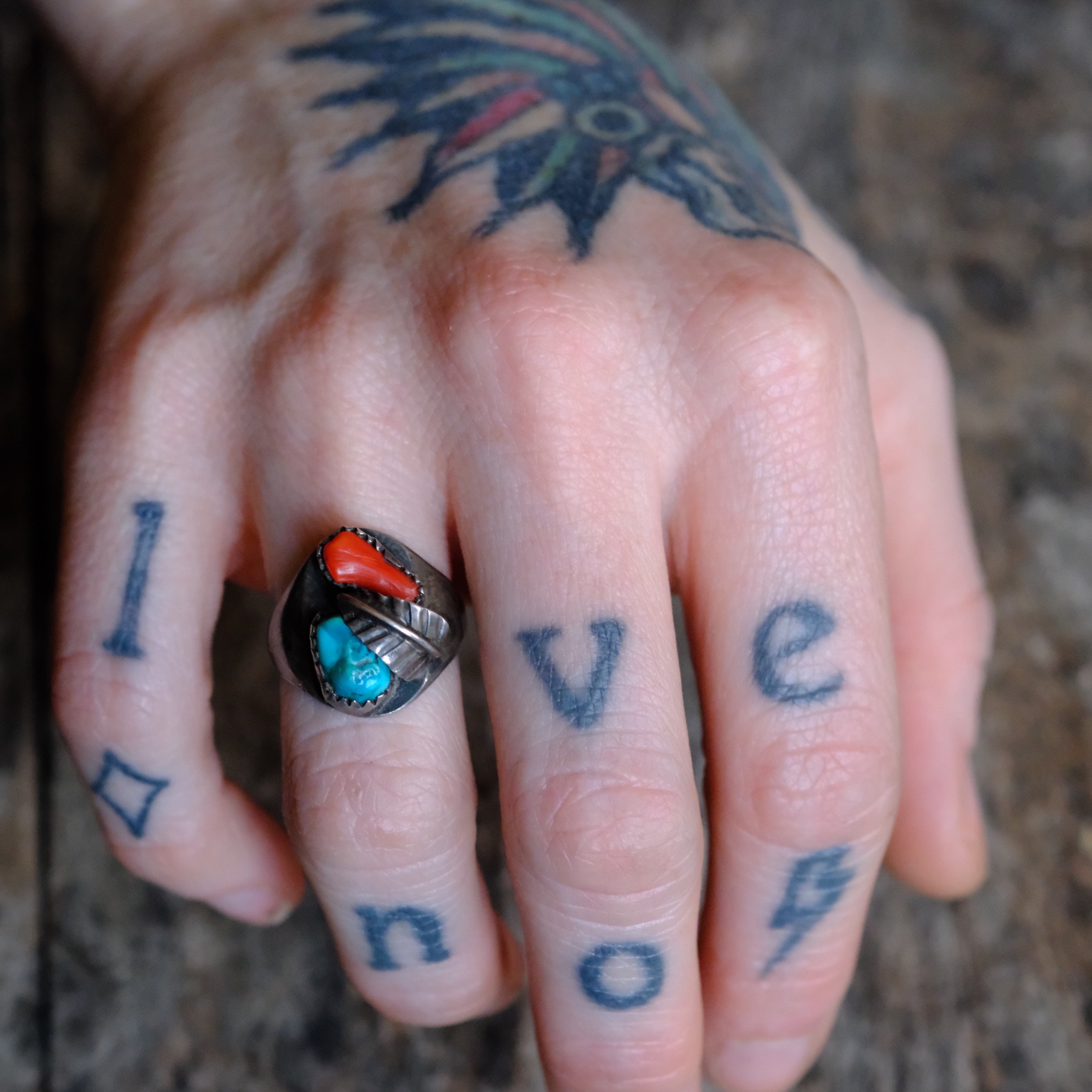 Vintage Sterling Turquoise and Coral Feather Ring 6