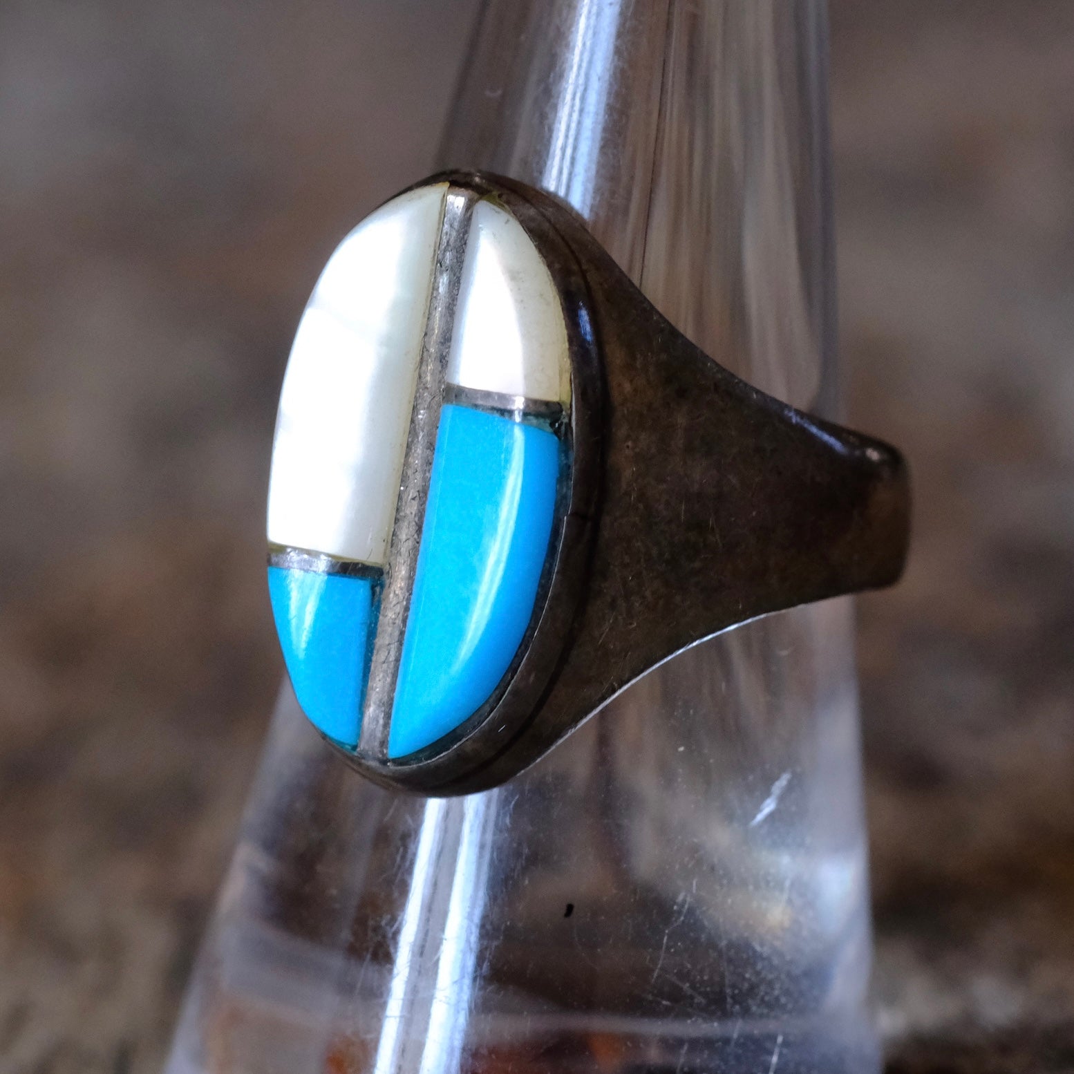 Vintage Sterling Turquoise and Mother Of Pearl Inlay Ring 8.25