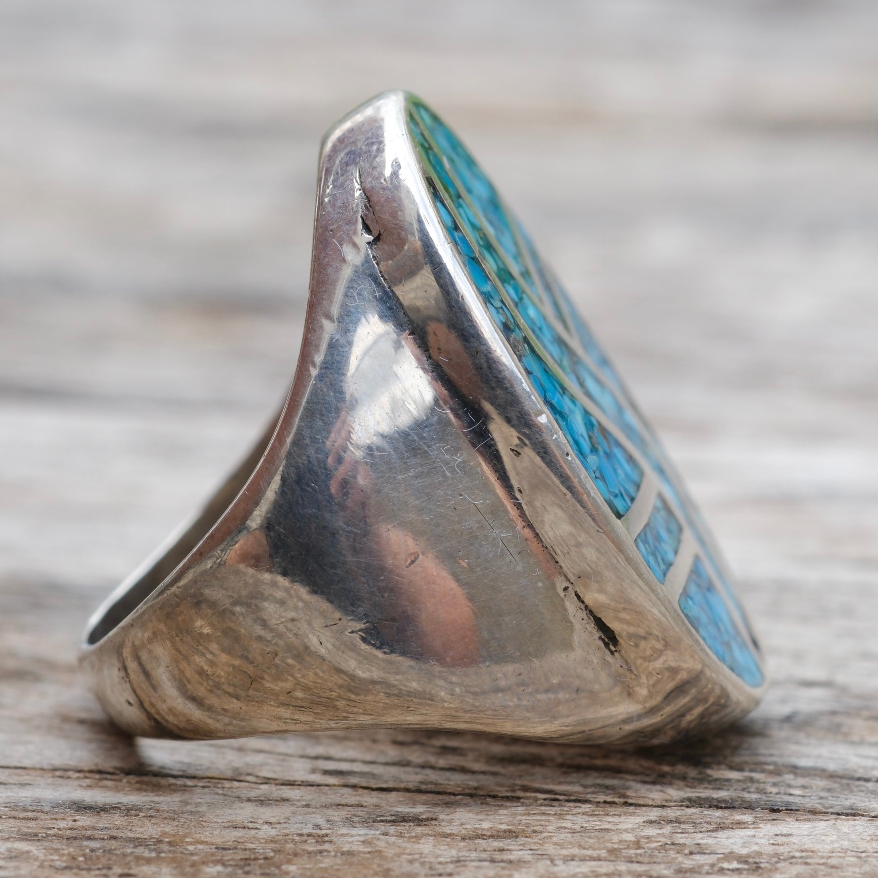 Vintage Sterling Crushed Turquoise Inlay Ring 8.75