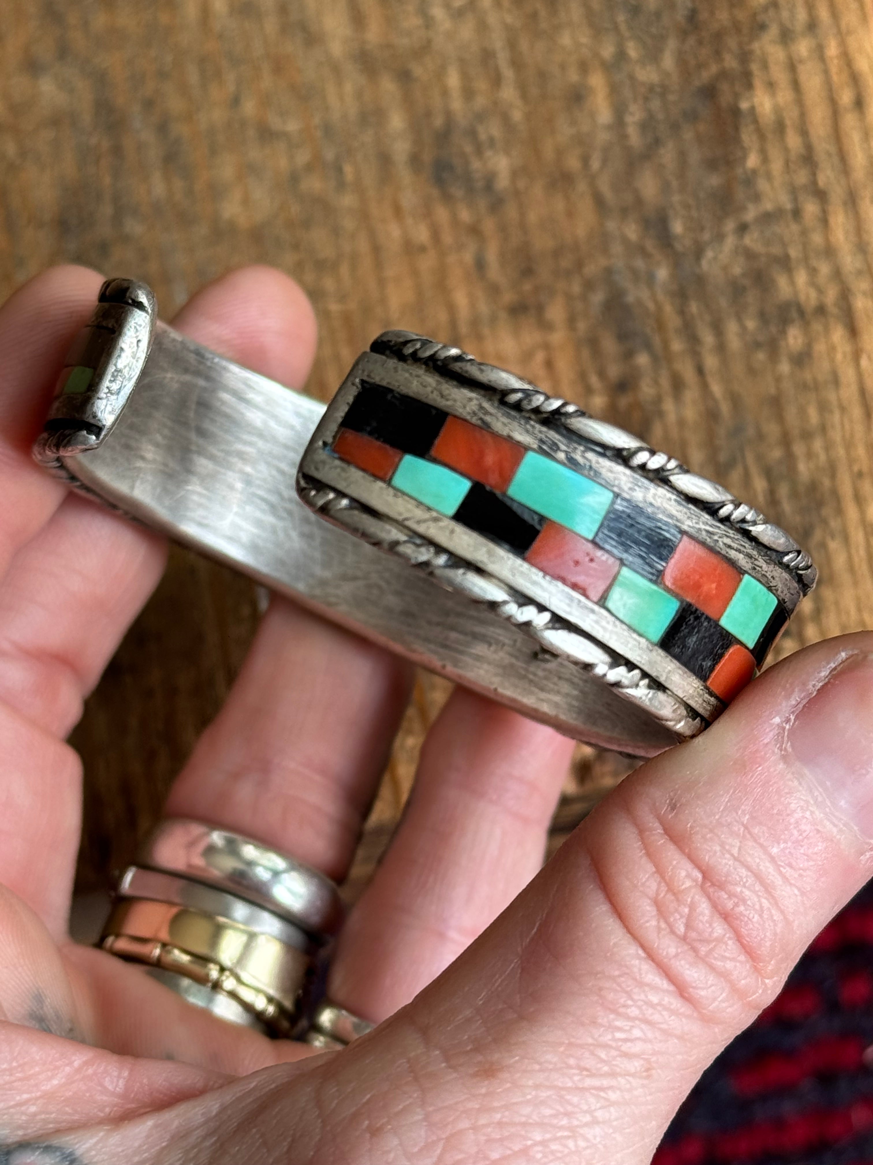Vintage Sterling Silver Coral Onyx & Turquoise Inlay Cuff