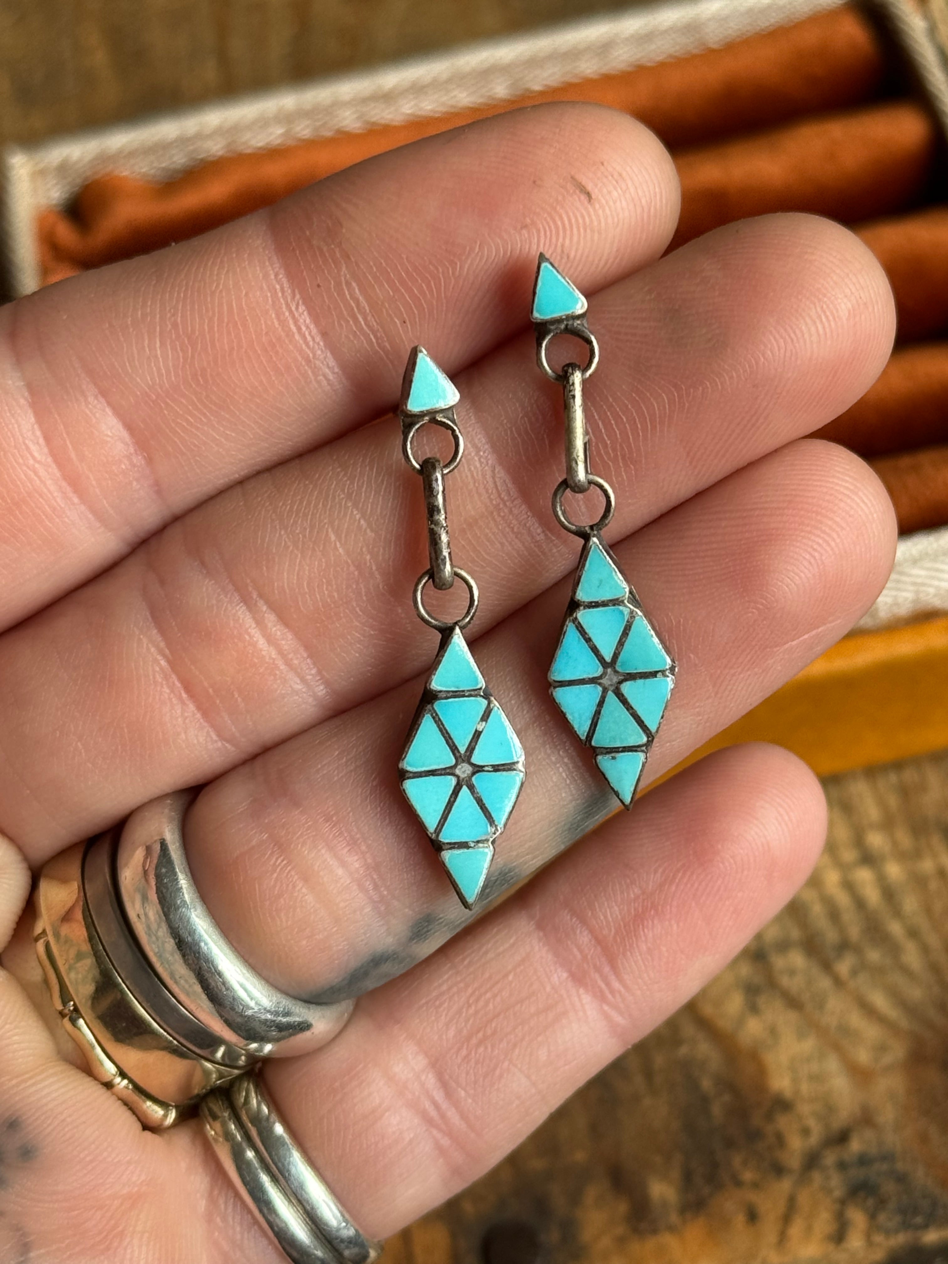 Vintage Sterling Silver Turquoise Inlay Diamond Earrings