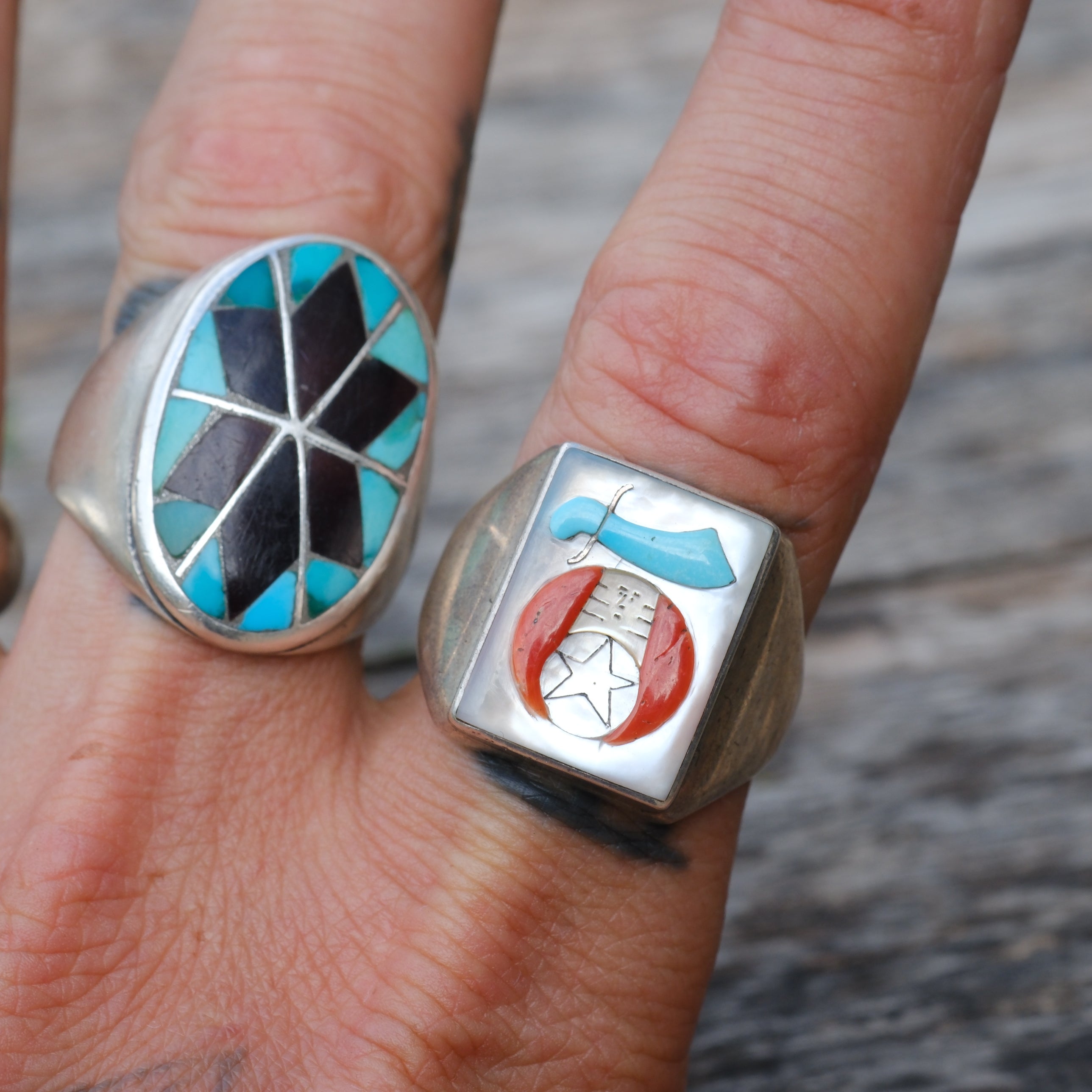 Vintage Sterling Zuni Inlay Shriners Ring 10.75