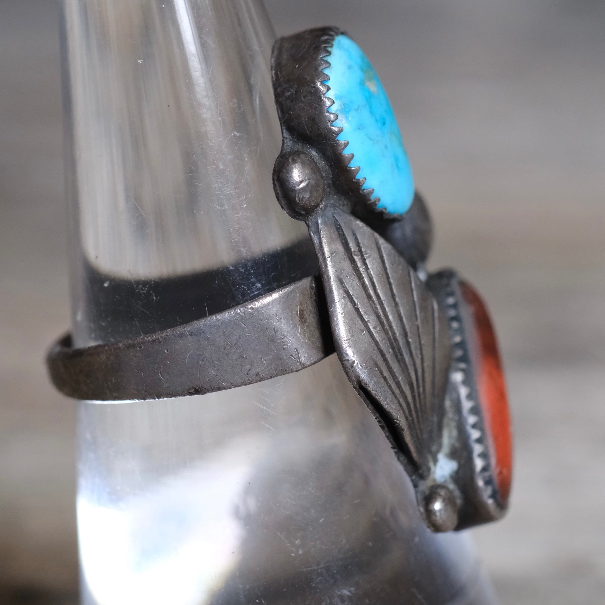 Vintage Sterling Turquoise and Coral Feather Ring 7.5