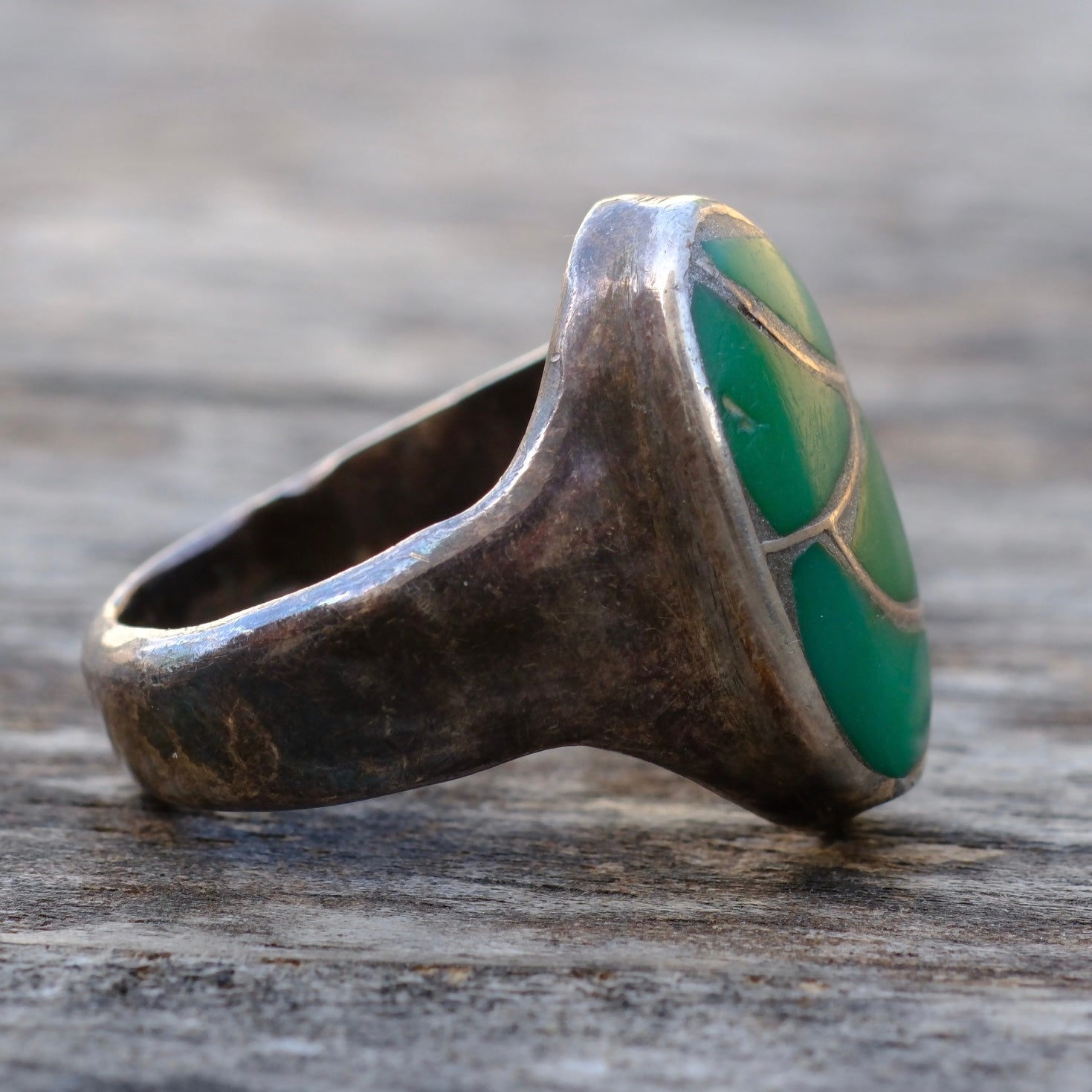 Vintage Sterling Turquoise Inlay Fishscale Ring 6.75