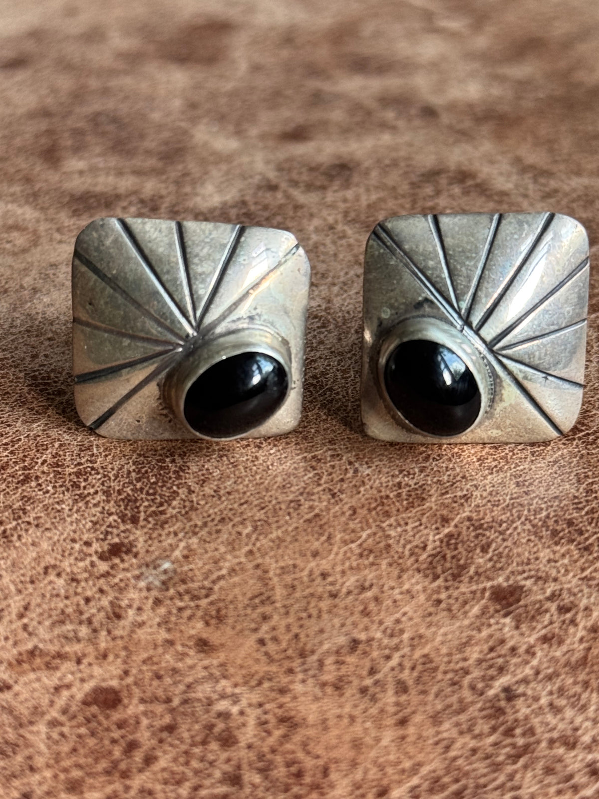 Vintage Sterling Silver Stamped Onyx Square Cufflinks