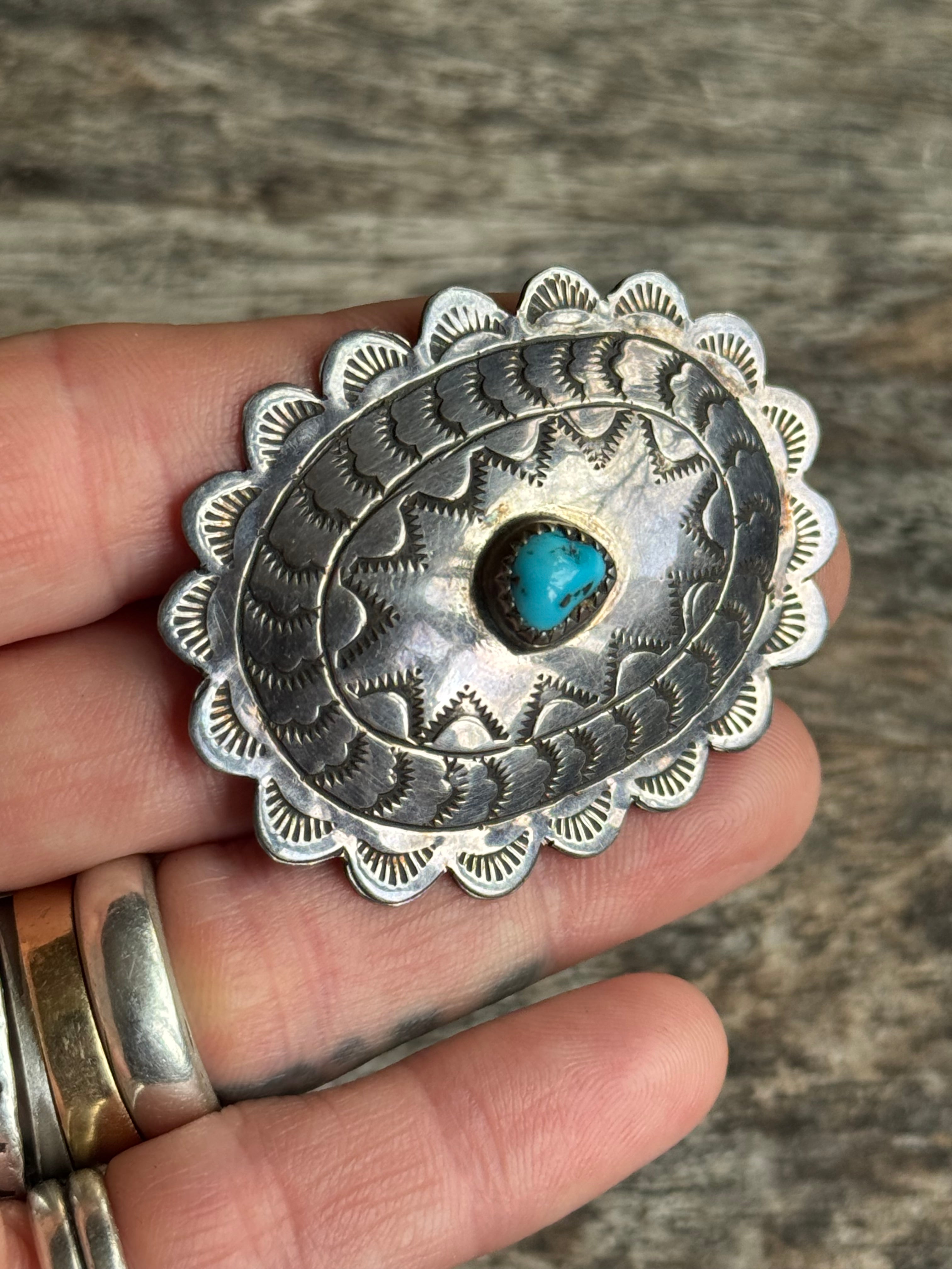 Vintage Sterling Silver Turquoise Stamped Concho Pin