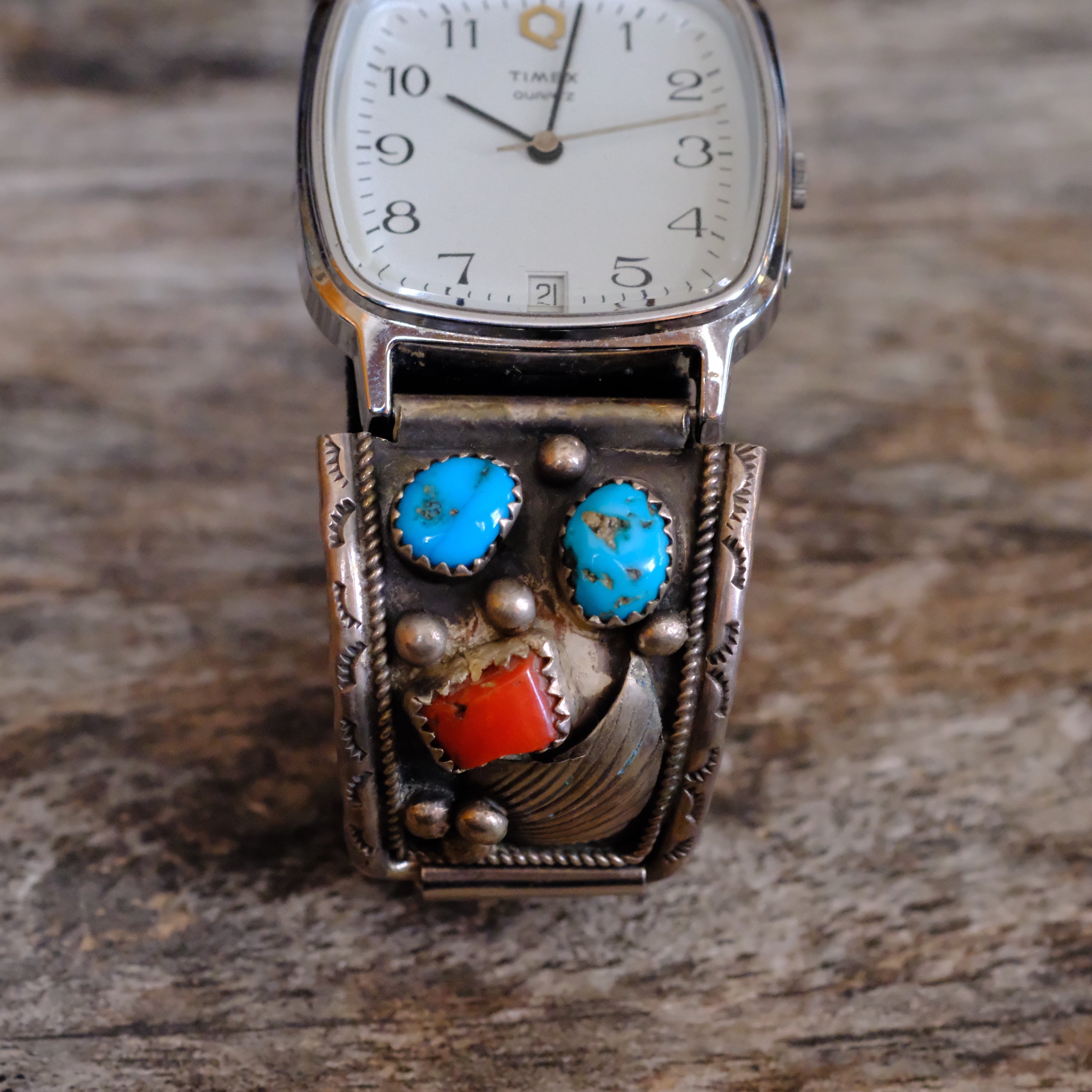 Vintage Sterling Turquoise and Coral Feather Watch