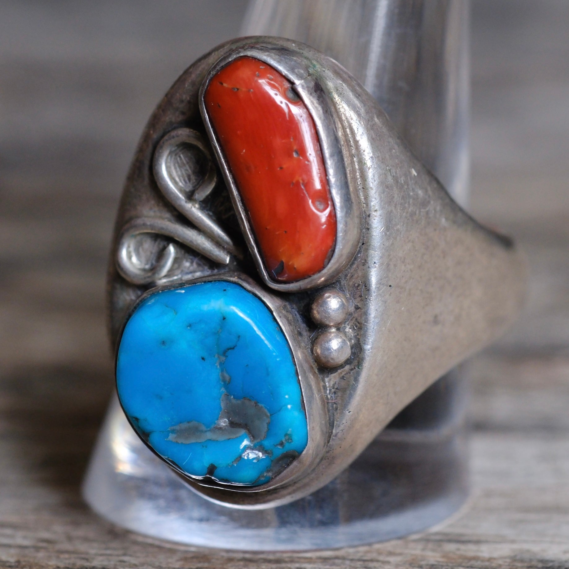 Vintage Sterling Turquoise and Coral Ring 11.5