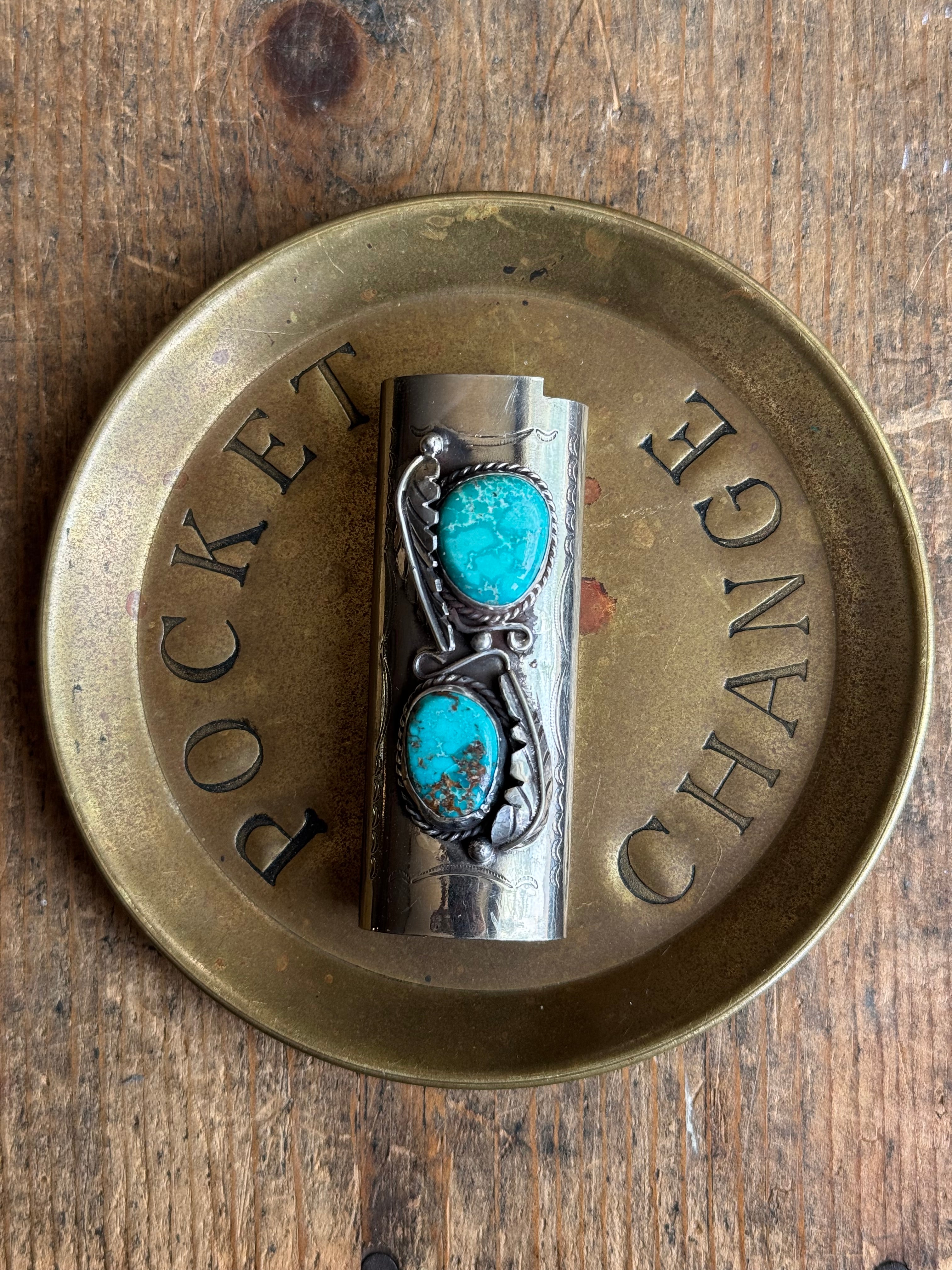 Vintage Stamped Nickel & Sterling Silver Turquoise Lighter Case