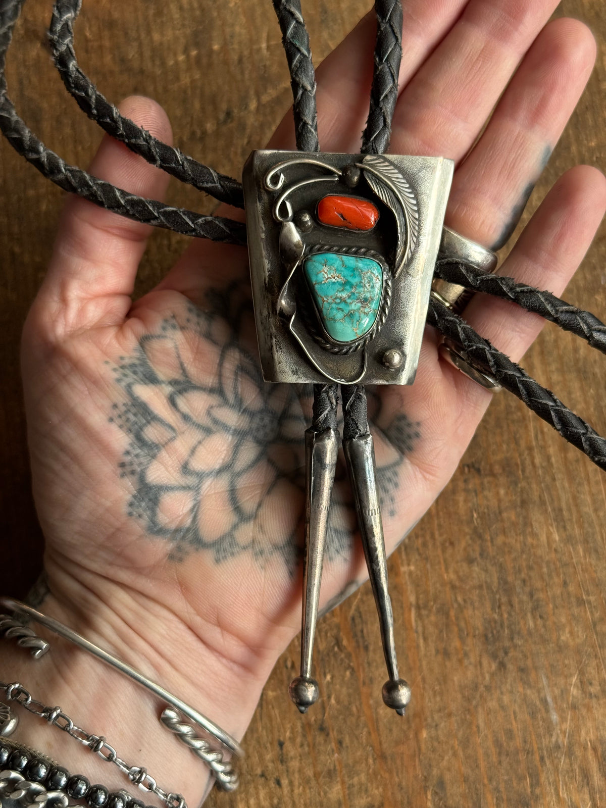 Vintage Sterling Silver Turquoise & Coral Leaf Shield Bolo
