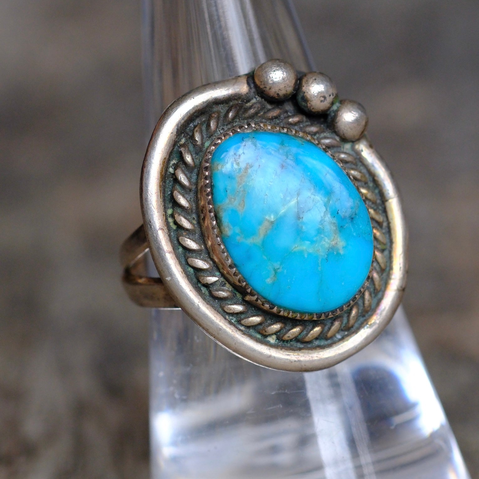 Vintage Sterling Turquoises Roper Ring 7.5