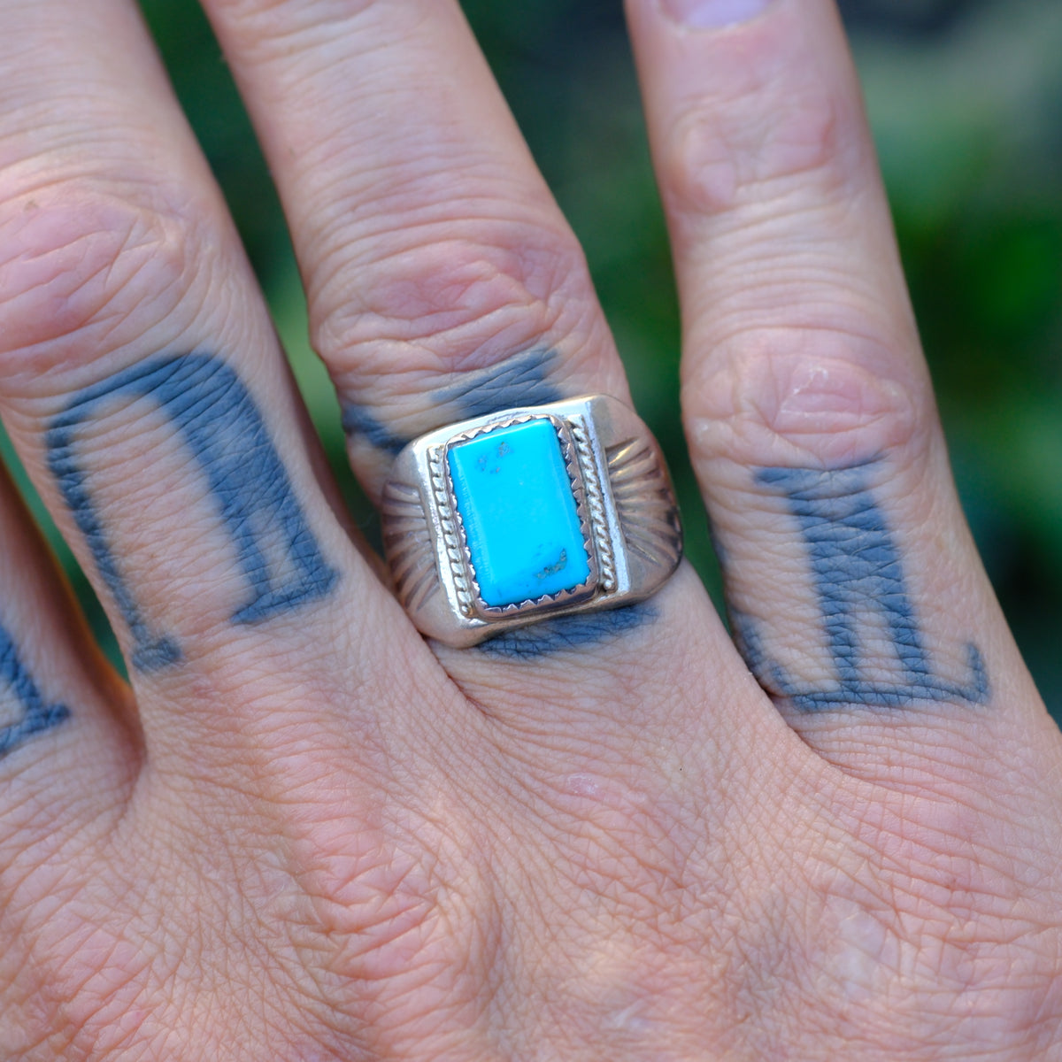 Vintage Sterling Turquoise Stamped Band Ring 8.5