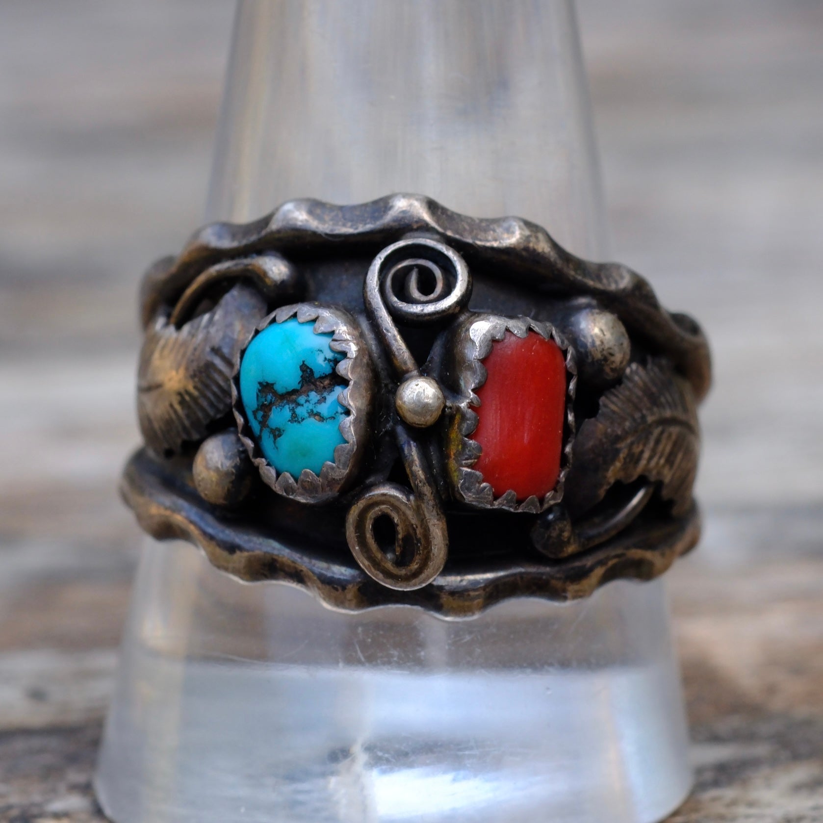 Vintage Sterling Turquoise and Coral Feather Band 12