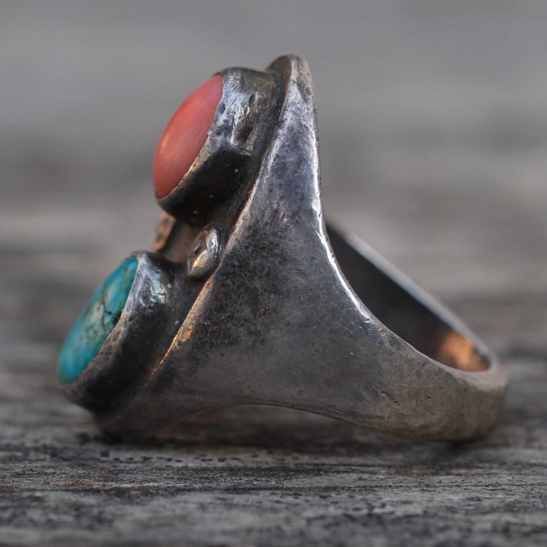 Vintage Sterling Turquoise and Coral Ring 9.5