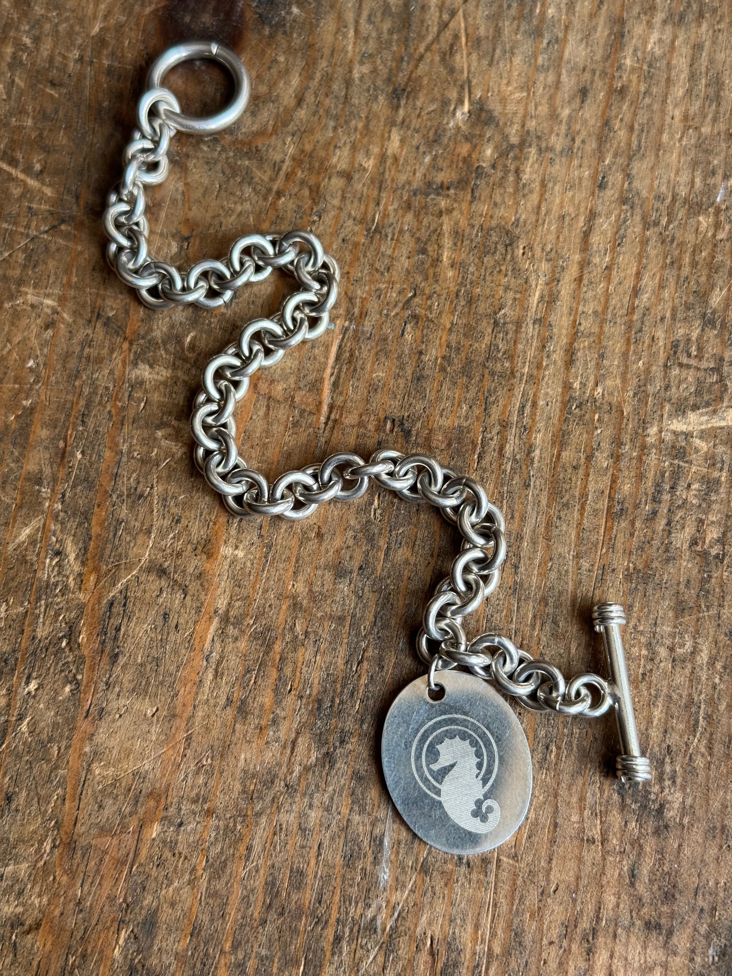 Vintage Sterling Silver 7.5” Cable Chain Seahorse Toggle Bracelet