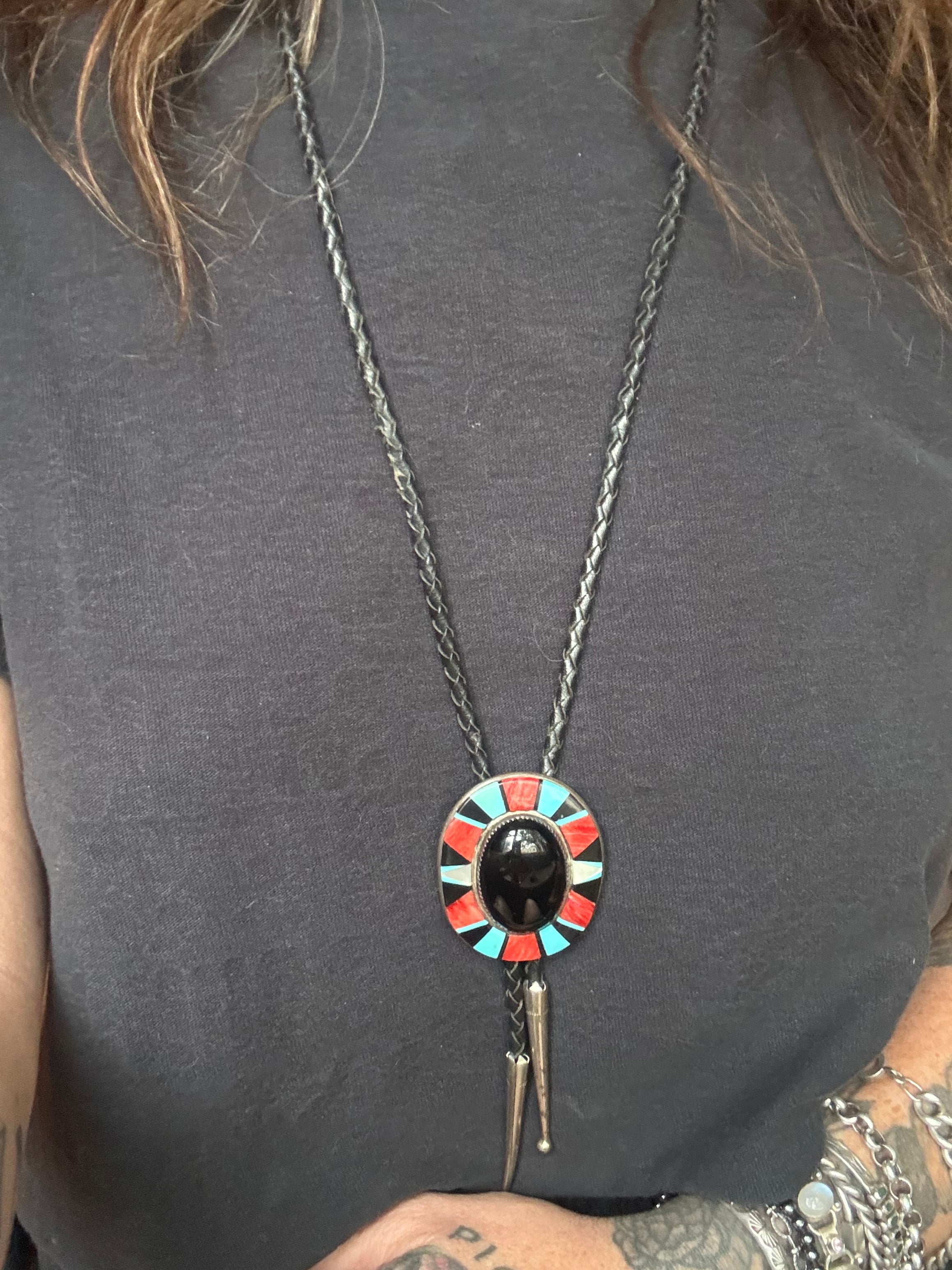 Vintage Sterling Silver Chunky Multistone Inlay Onyx Bolo