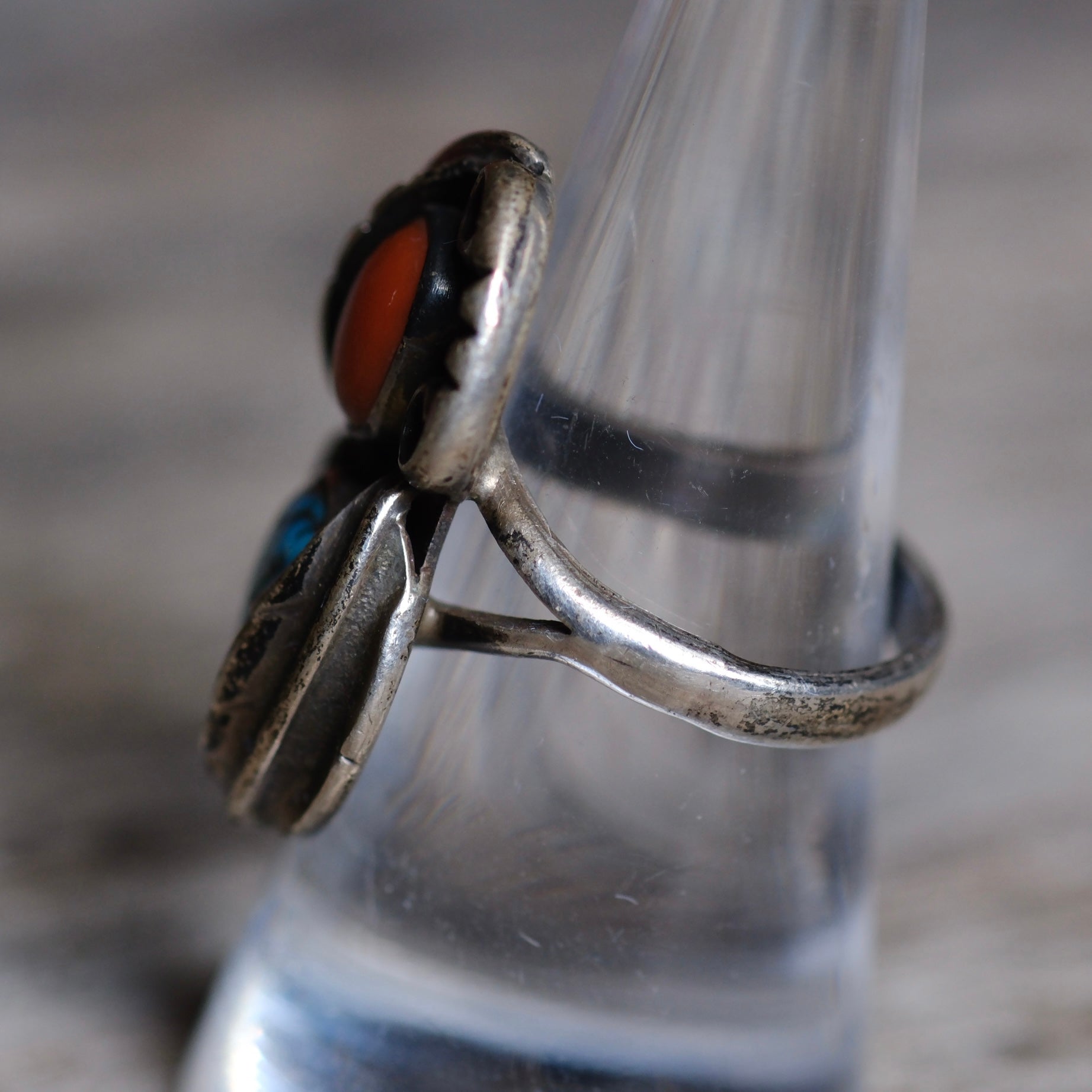 Vintage Sterling Turquoise and Coral Feather Ring 7.75