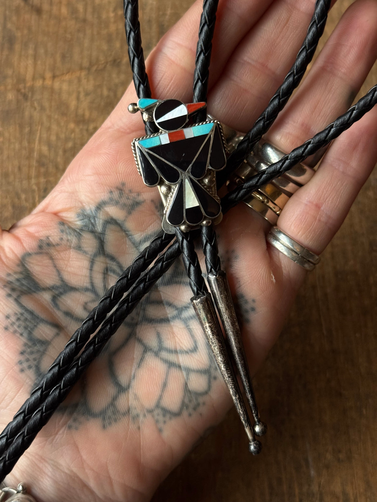 Vintage Sterling Silver Multistone Inlay Thunderbird Bolo