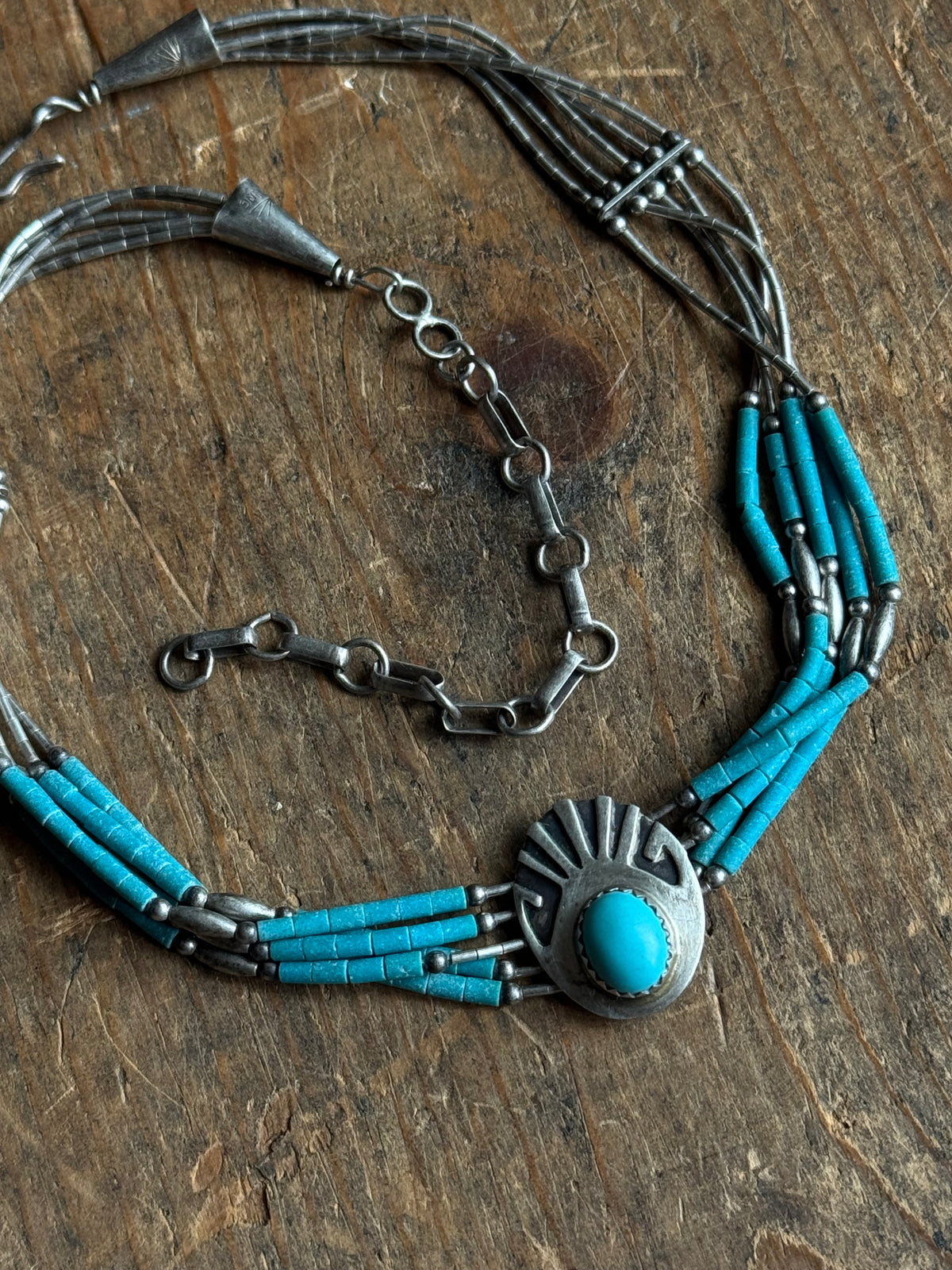 Vintage Sterling Silver Turquoise & Liquid Silver Beaded Concho Choker Necklace
