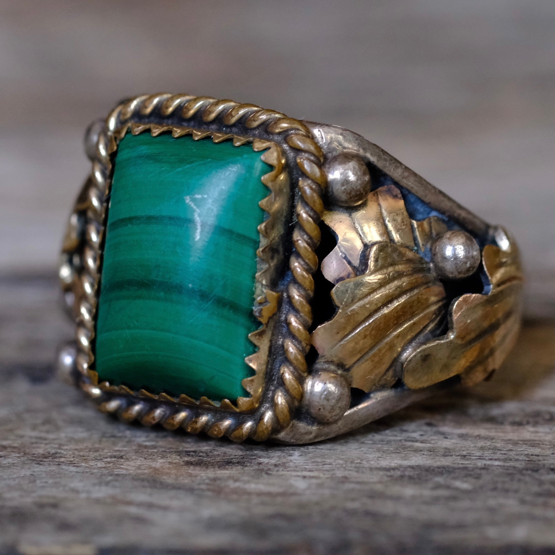 Vintage Sterling Malachite Feather Ring 11