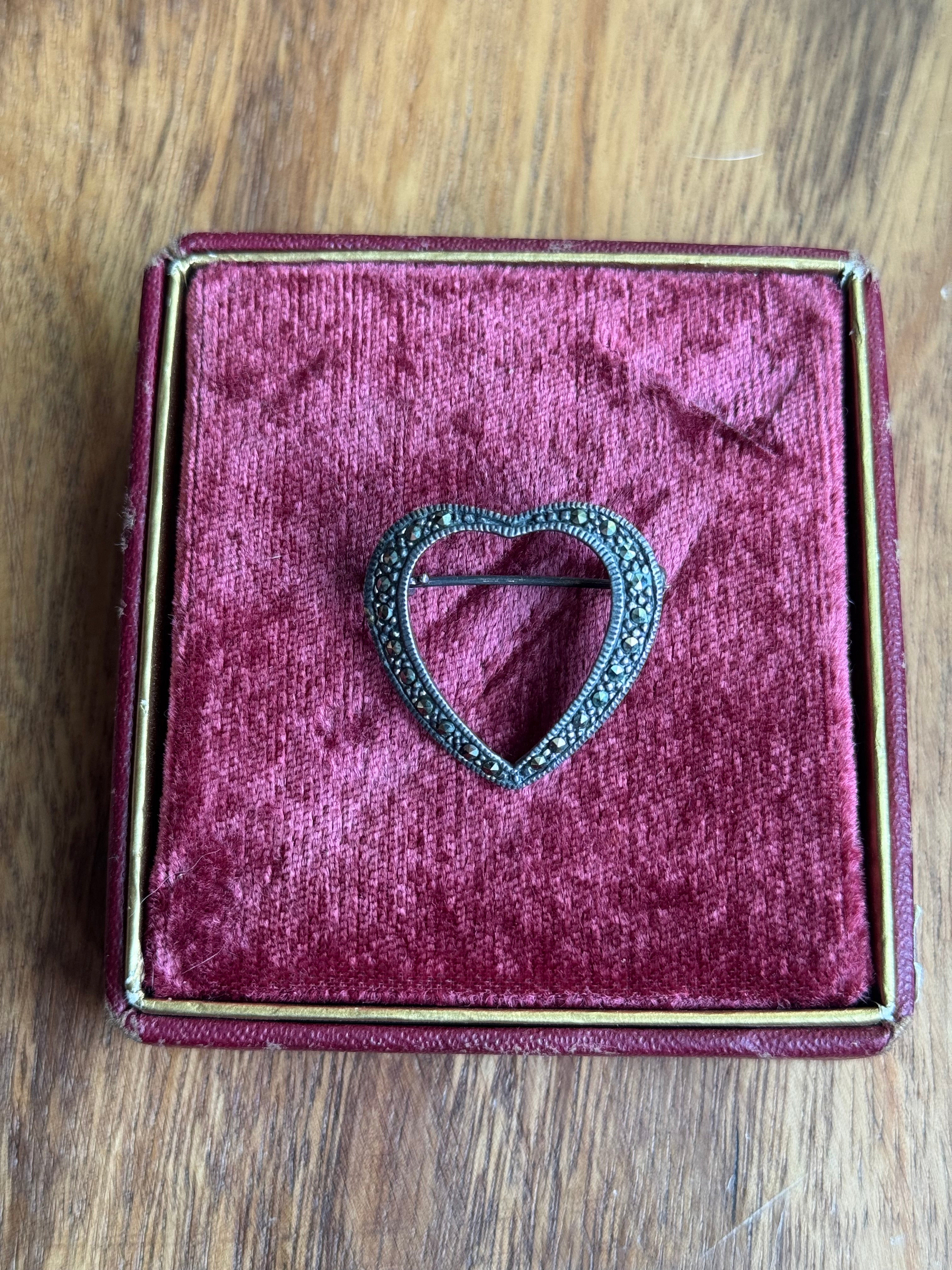 Vintage Sterling Silver Marcasite Heart Pin