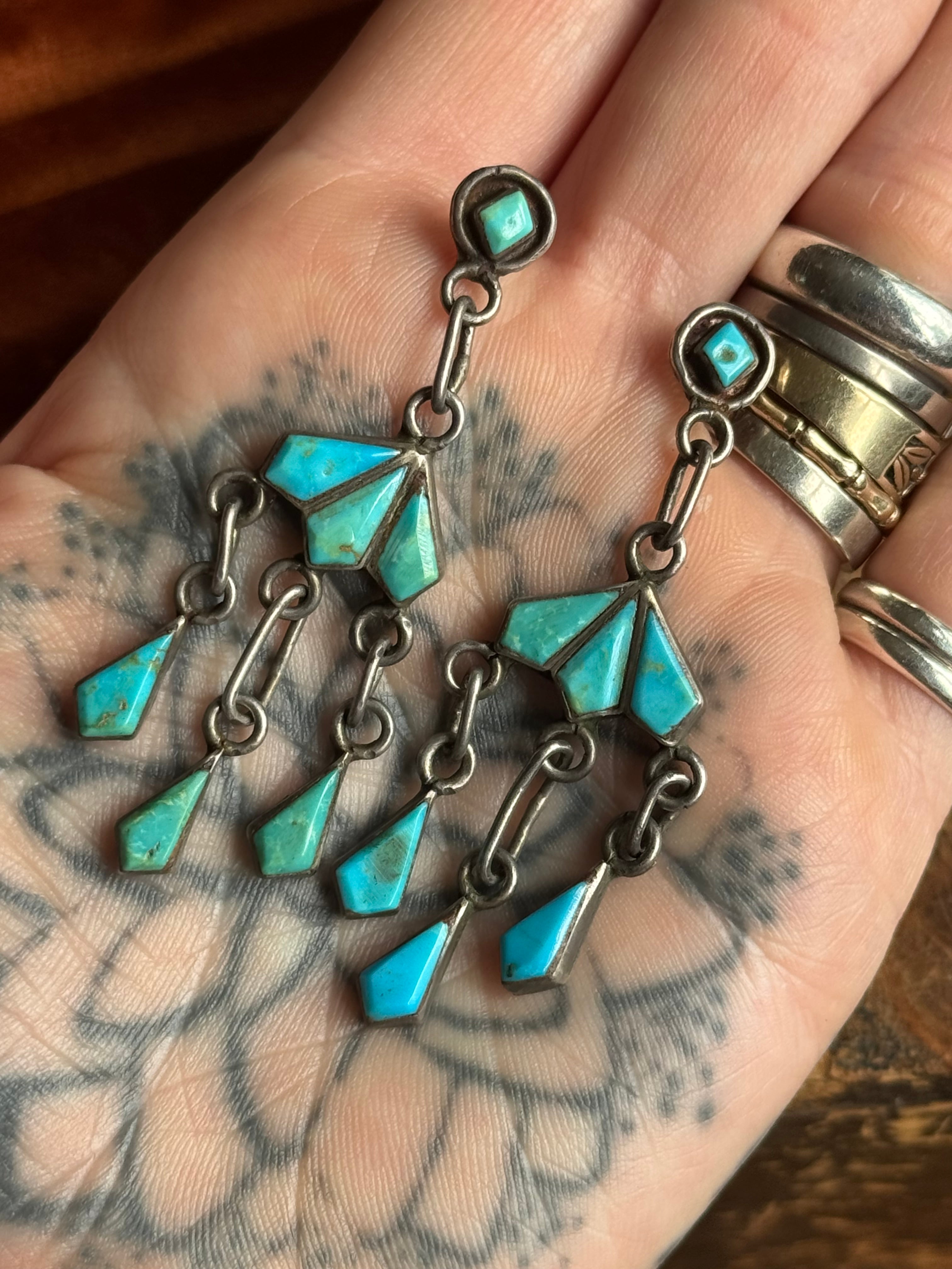 Vintage Sterling Silver Turquoise Chandelier Earrings