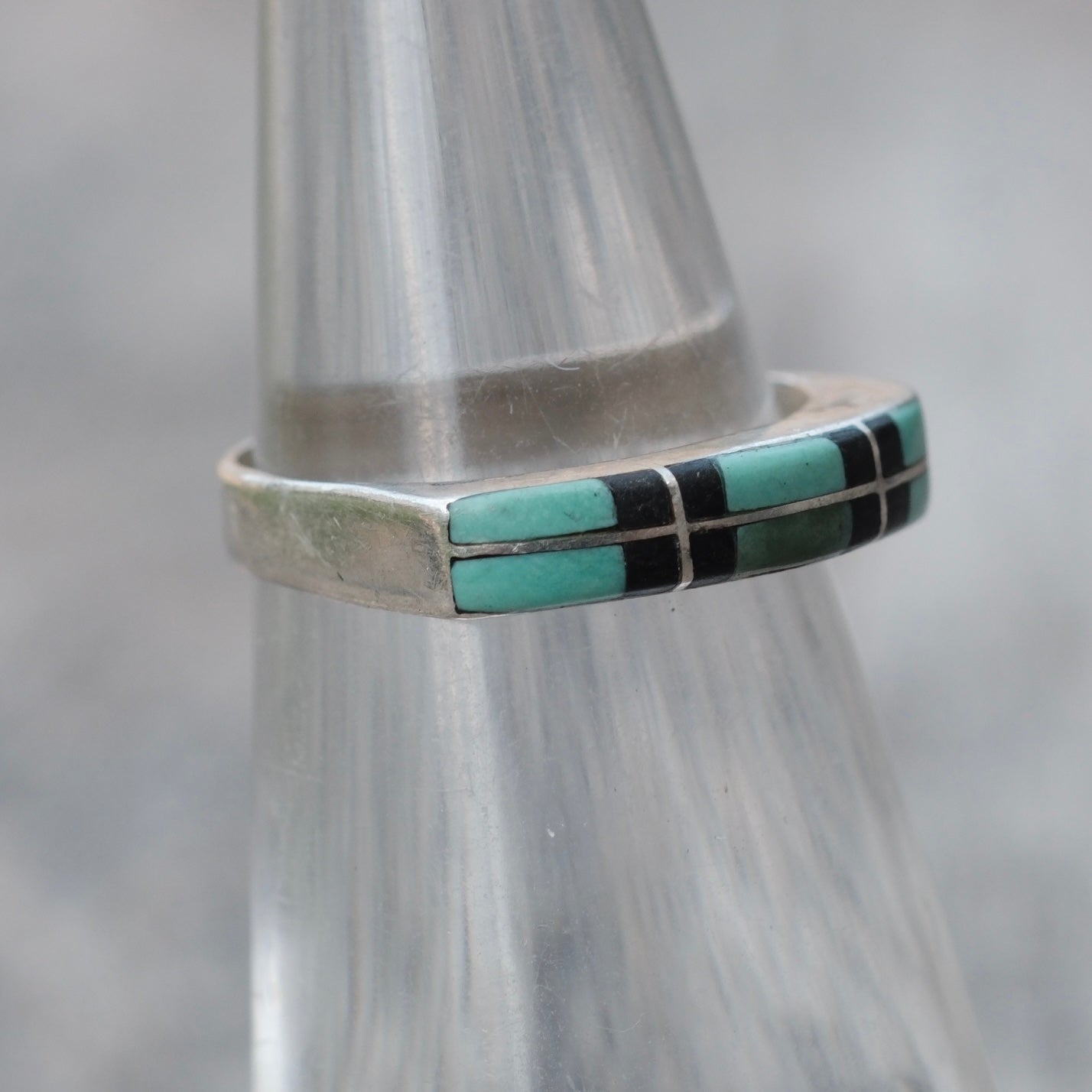 Vintage Sterling Turquoise and Onyx Inlay Band Ring 4