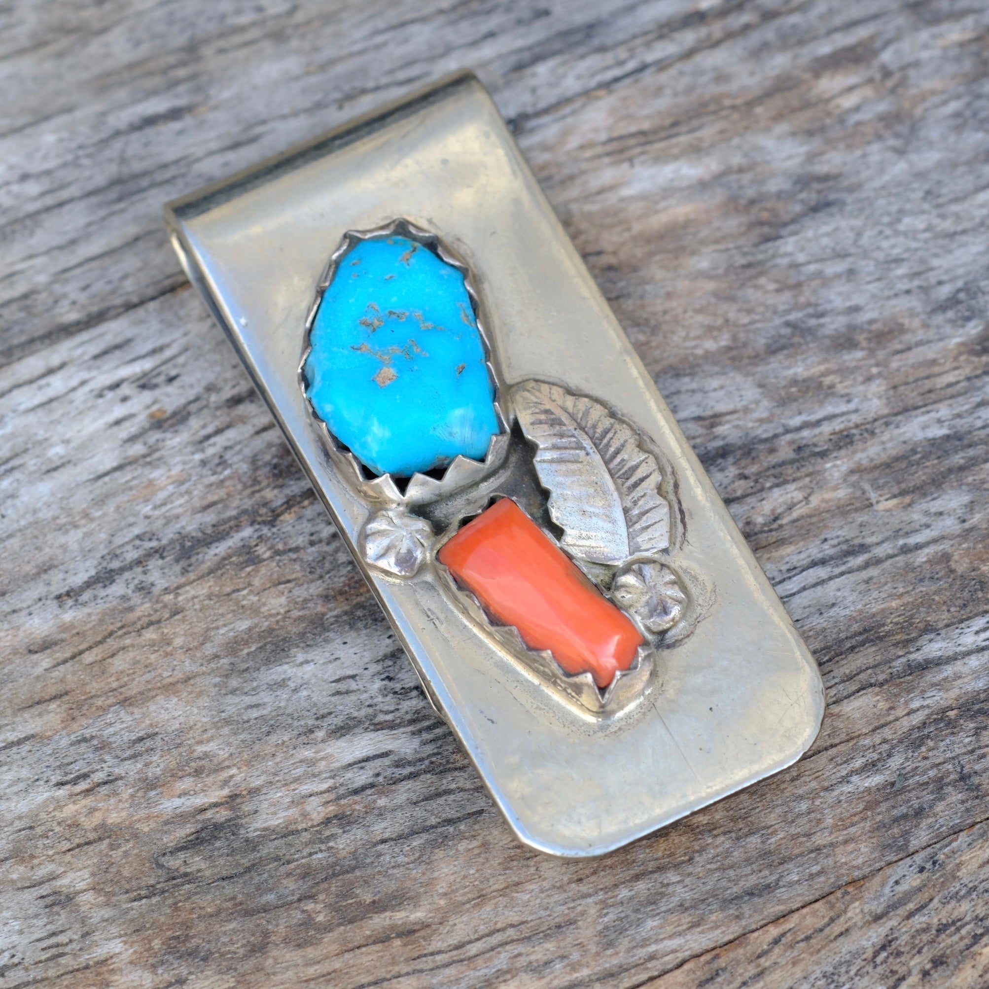 Vintage Turquoise and Coral Feather Money Clip