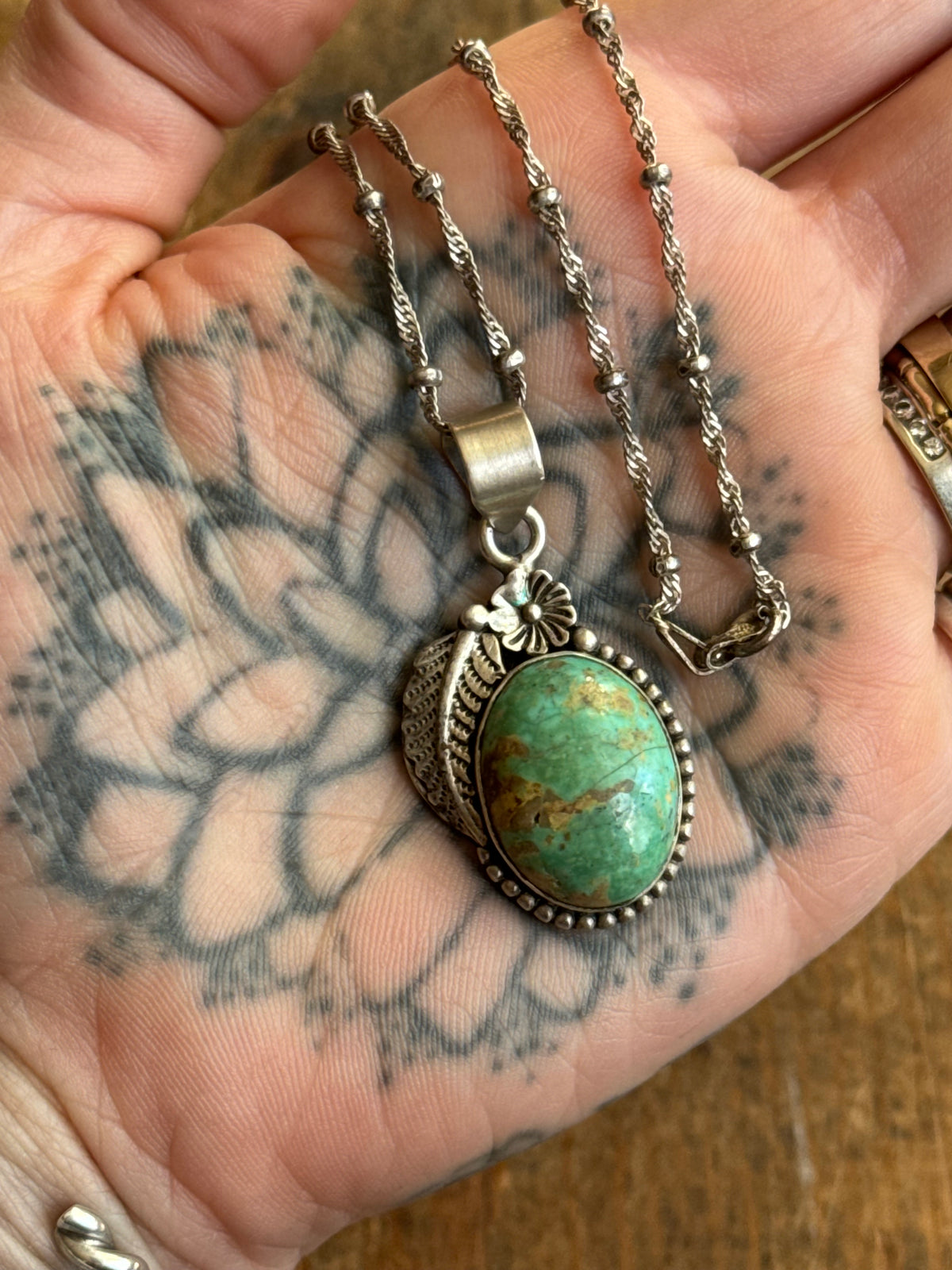 Vintage Sterling Silver Turquoise Flower & Leaf Necklace
