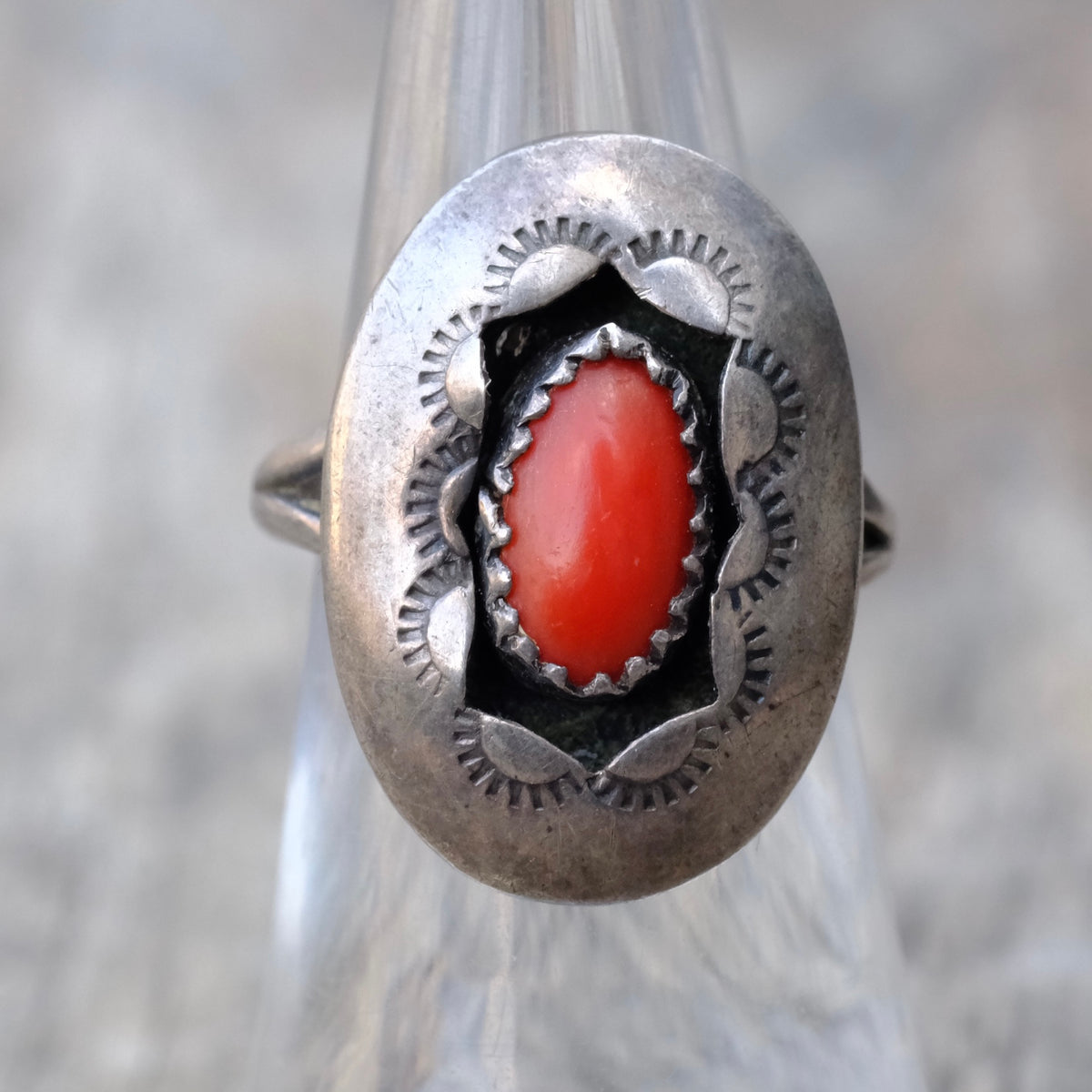 Vintage Sterling Coral Shadowbox Ring 5.75