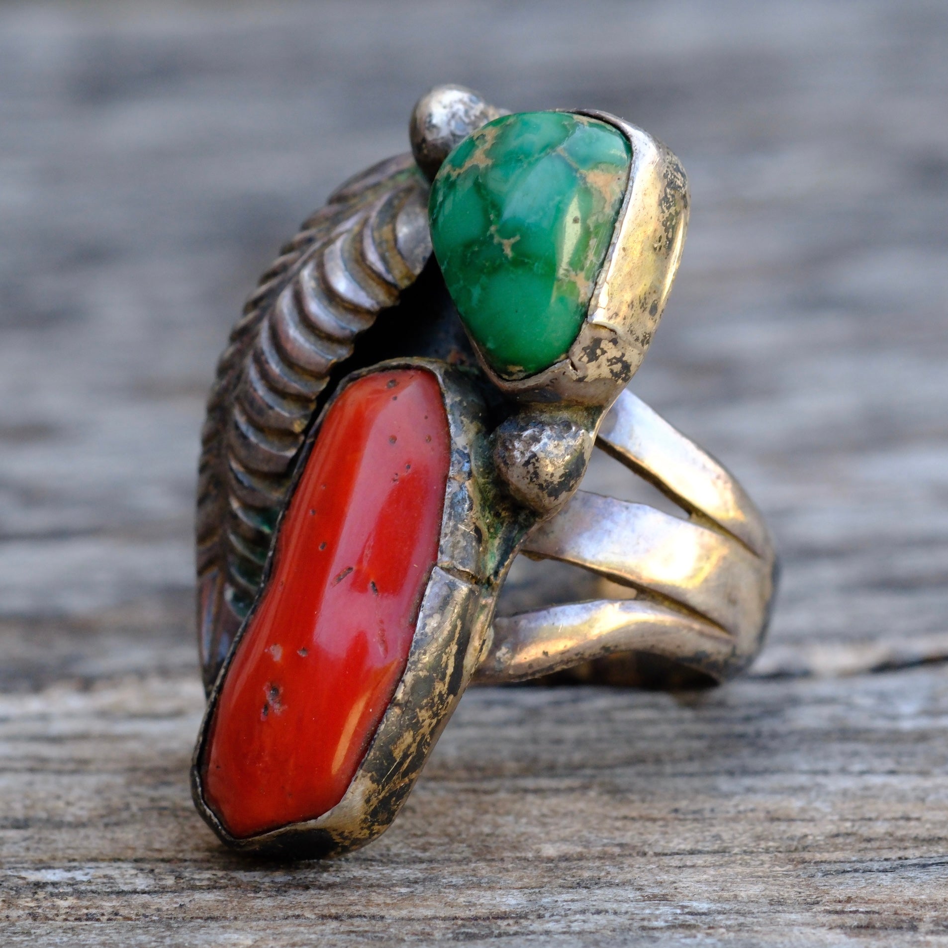 Vintage Sterling Turquoise and Coral Feather Ring 5.5