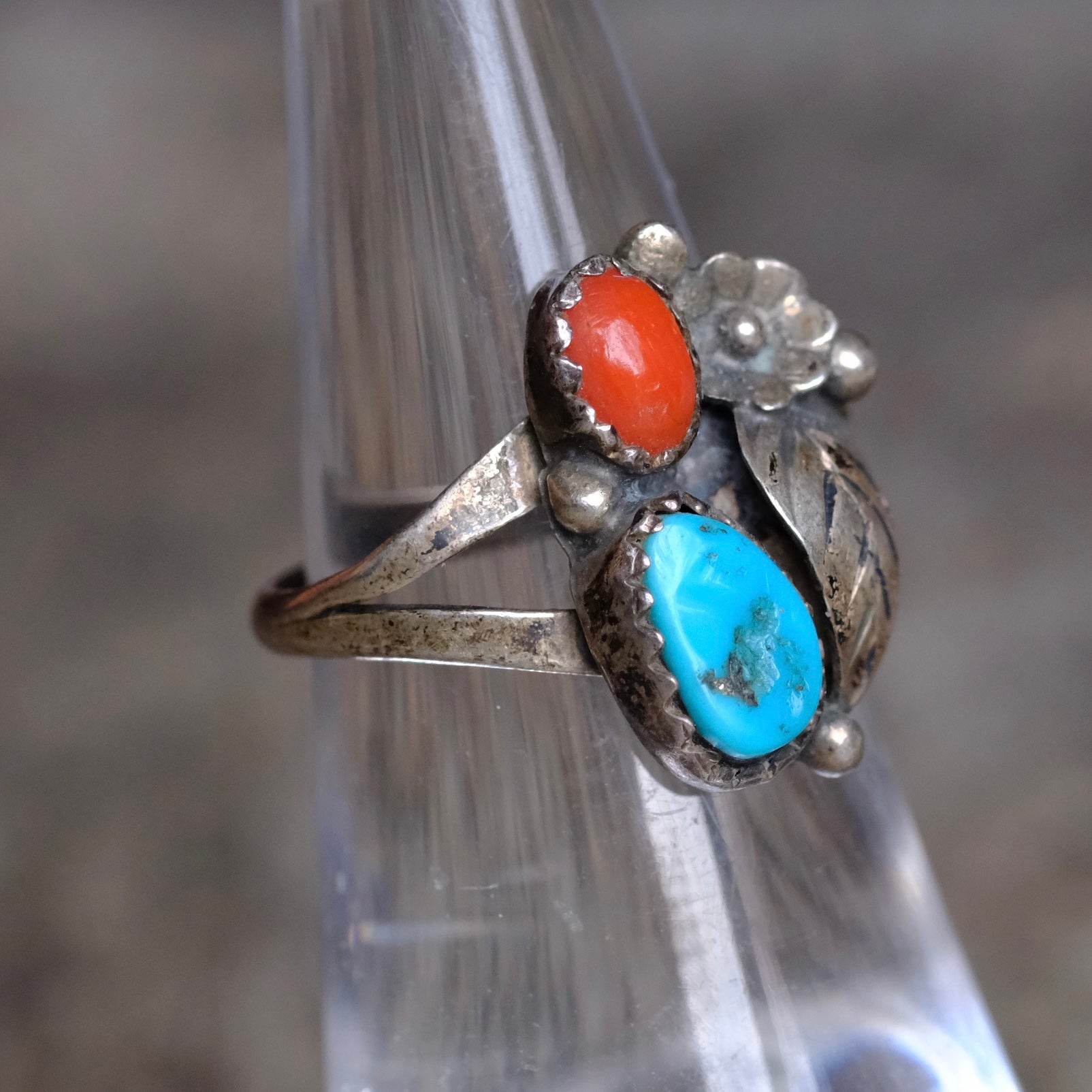 Vintage Sterling Turquoise and Coral Feather Ring 4.75