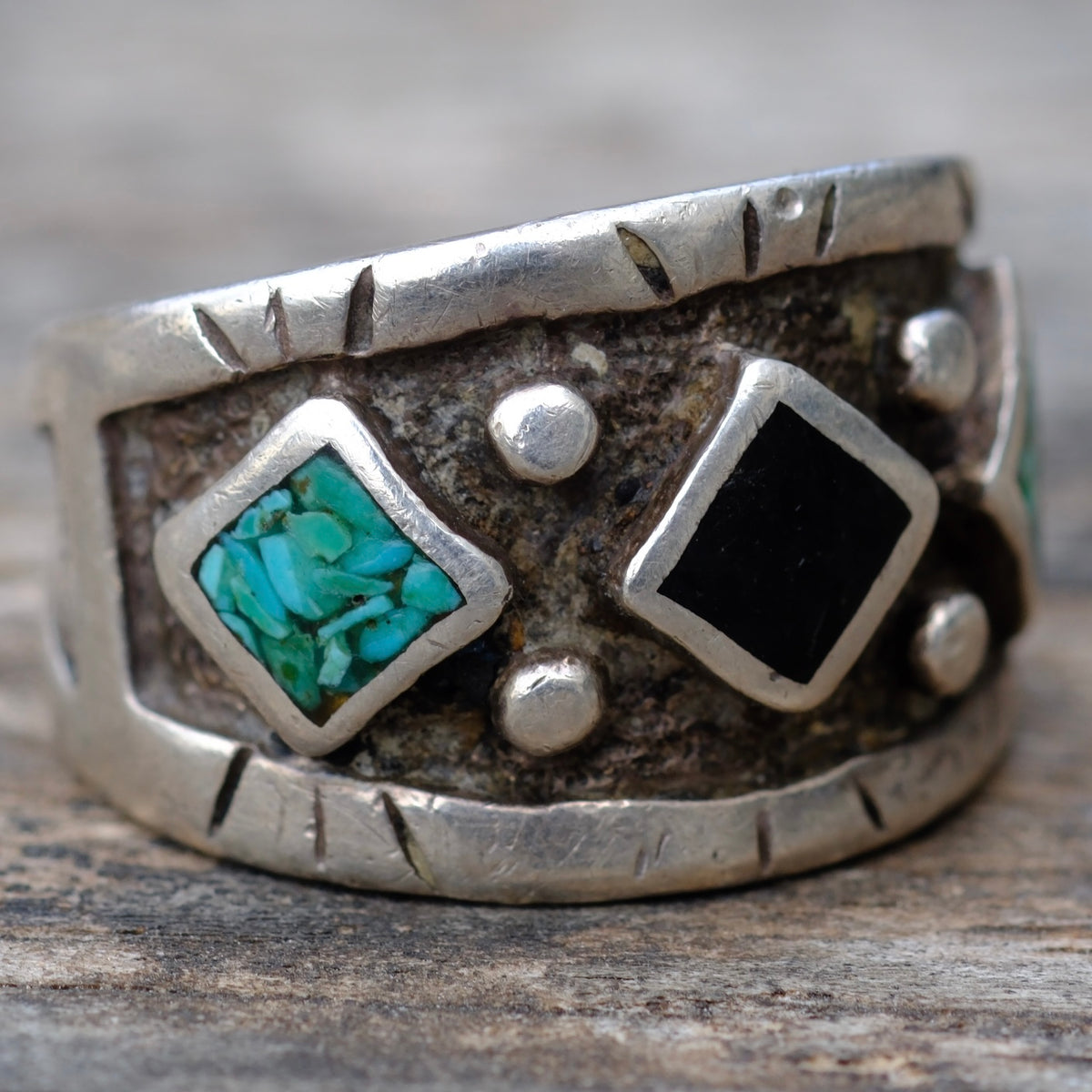 Vintage Sterling Onyx and Turquoise Inlay Band 9