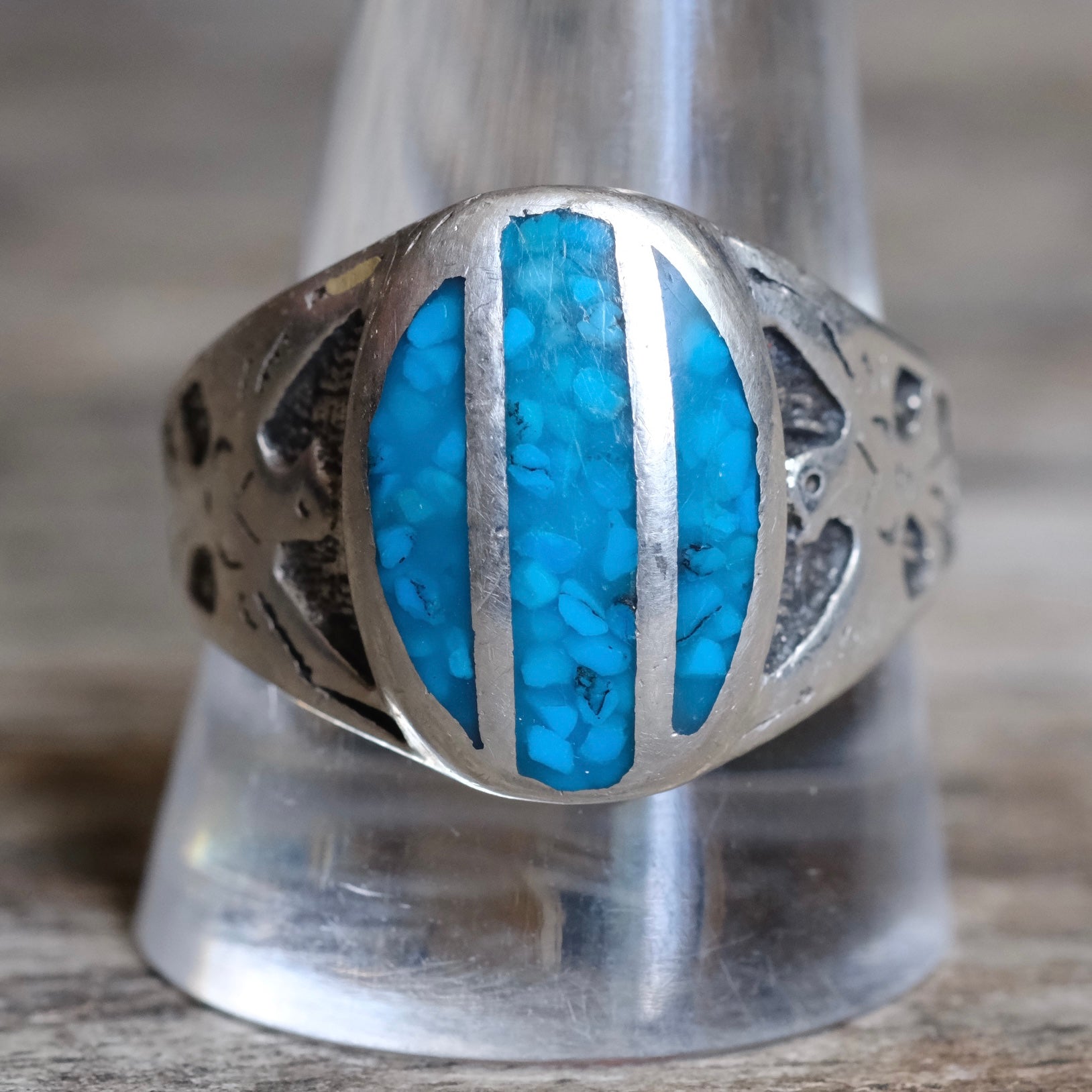 Vintage Sterling Crushed Turquoise Inlay Thunderbird Ring 11.75