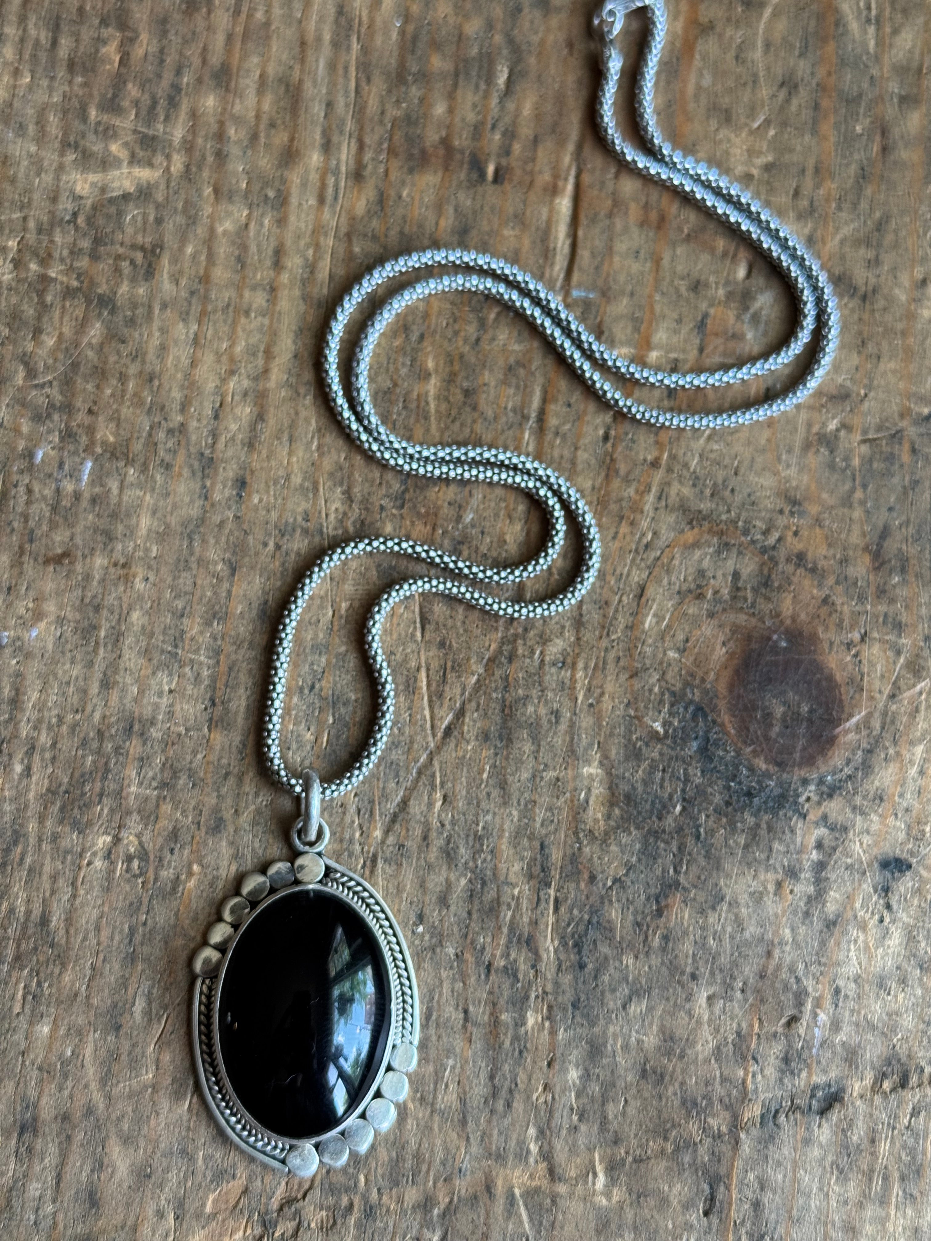 Vintage Sterling Silver Onyx Tribal Pendant