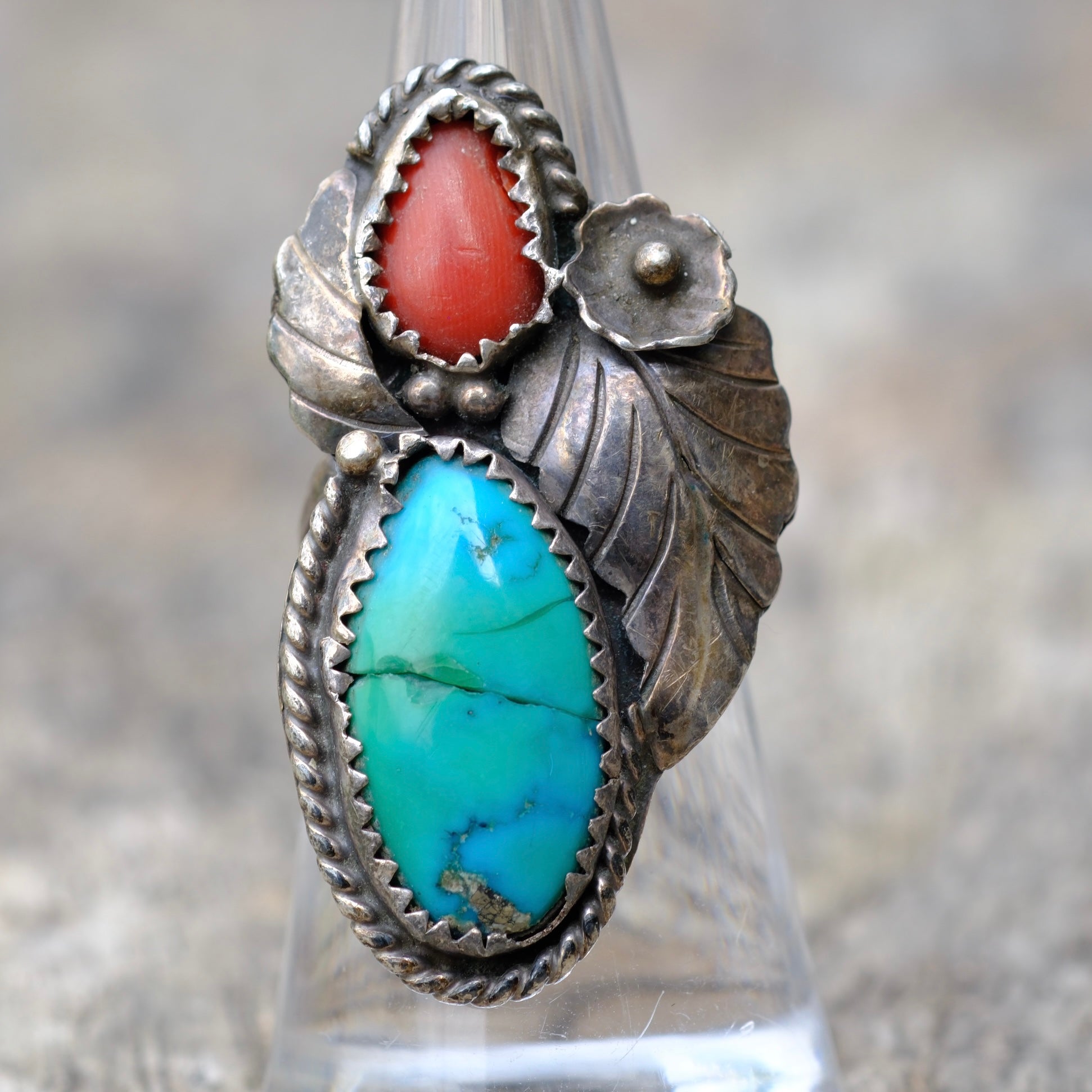 Vintage Sterling Turquoise and Coral Feather Ring 6