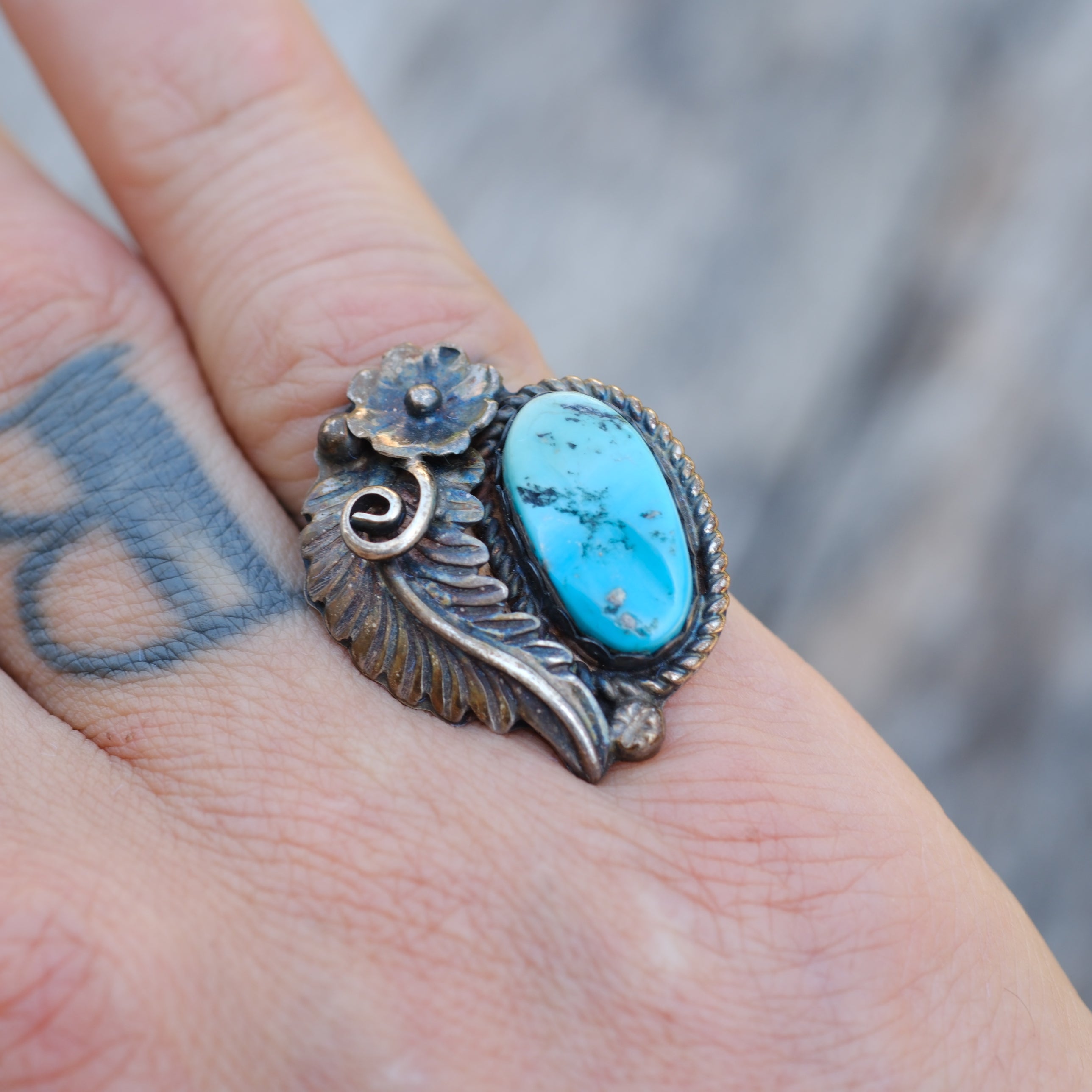 Vintage Sterling Turquoise Feather Ring 6