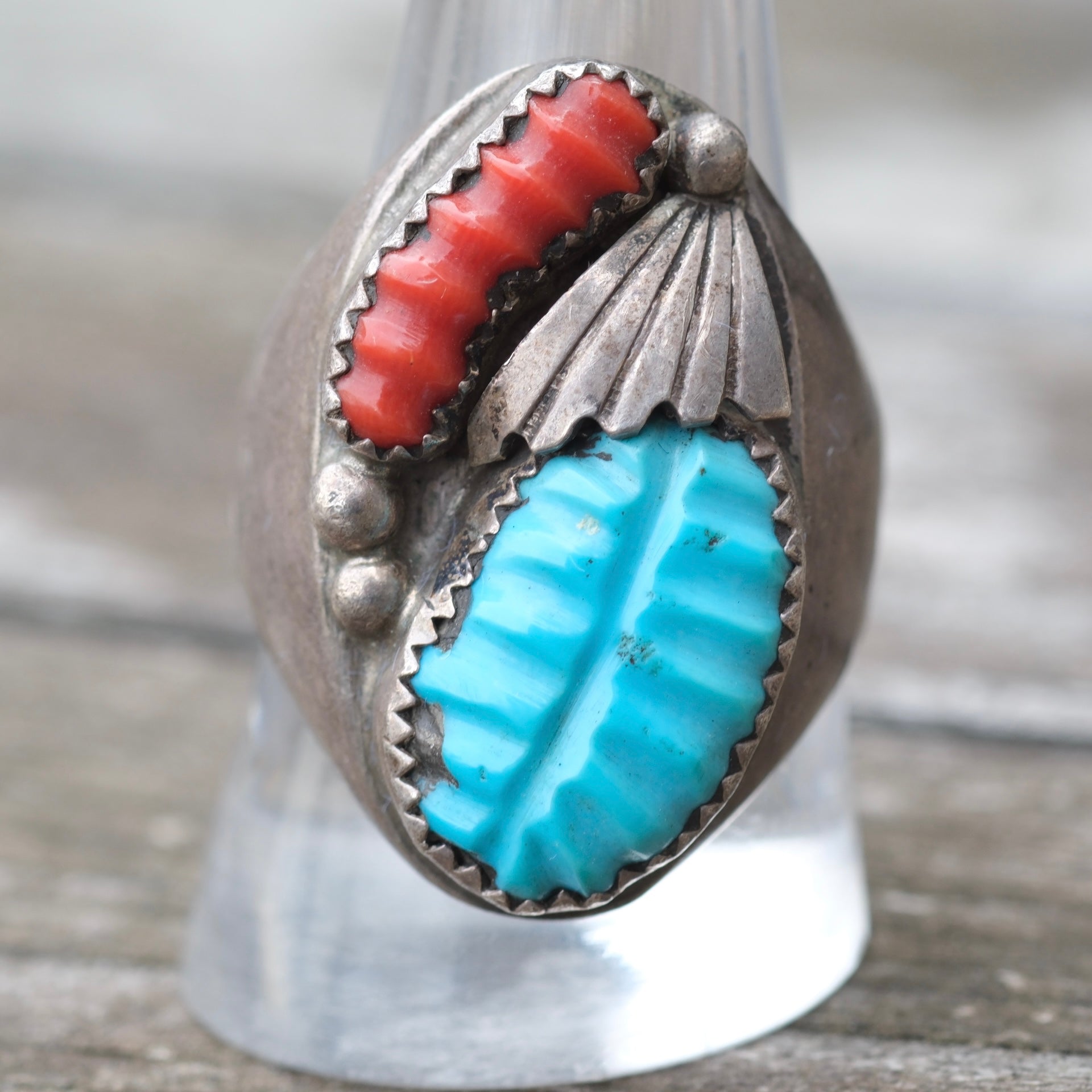 Vintage Sterling Faceted Turquoise and Coral Ring 11