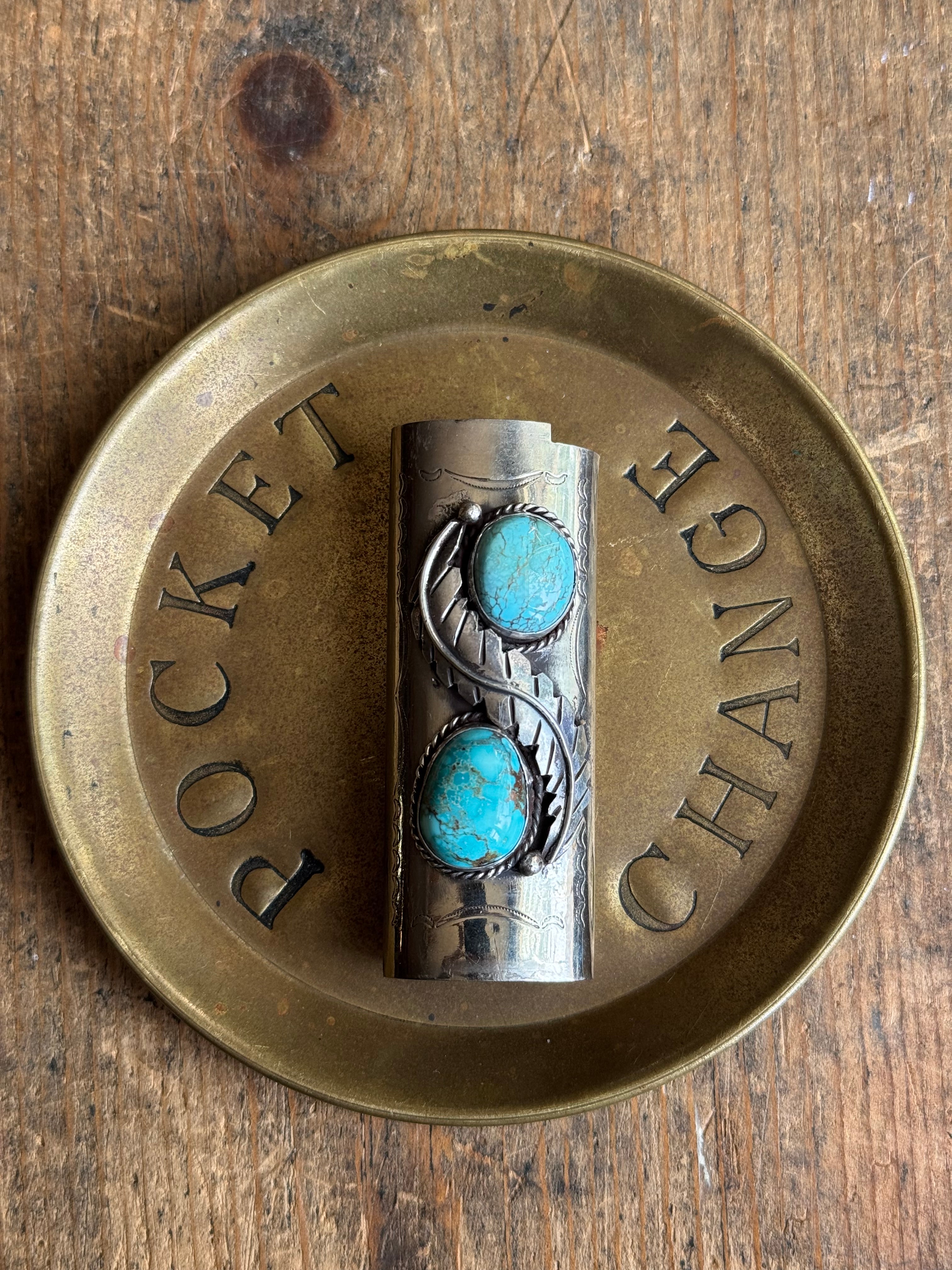 Vintage Stamped Nickel & Sterling Silver Turquoise Lighter Case