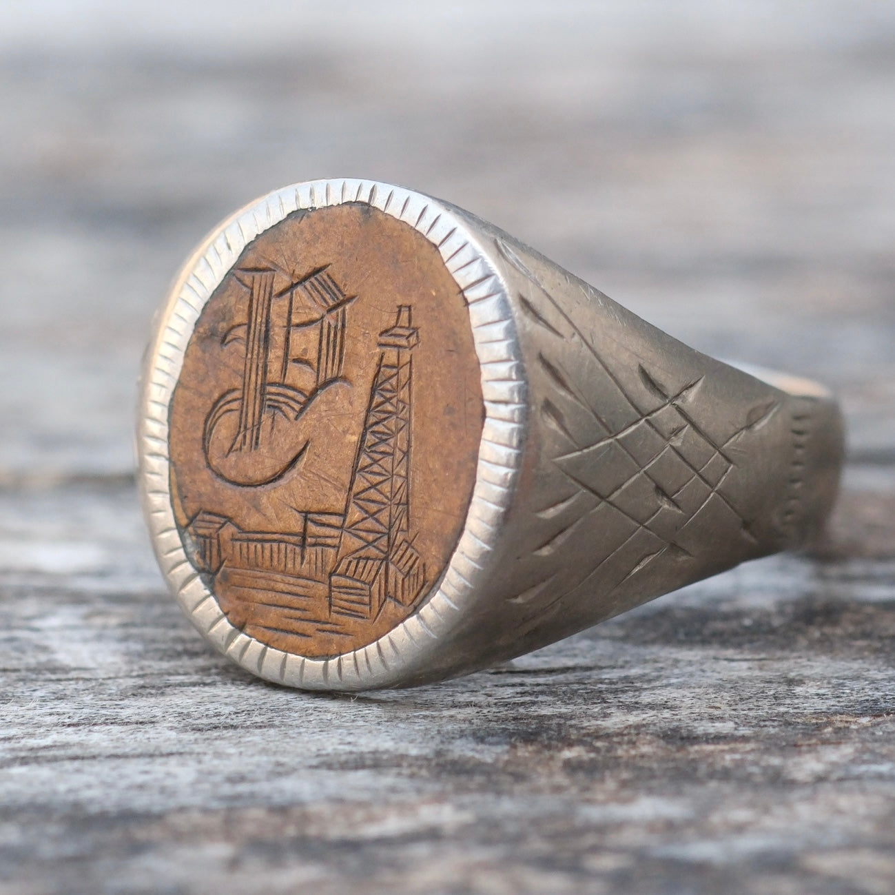 Vintage Sterling and Copper Engraved P Initial Signet Ring 8.75