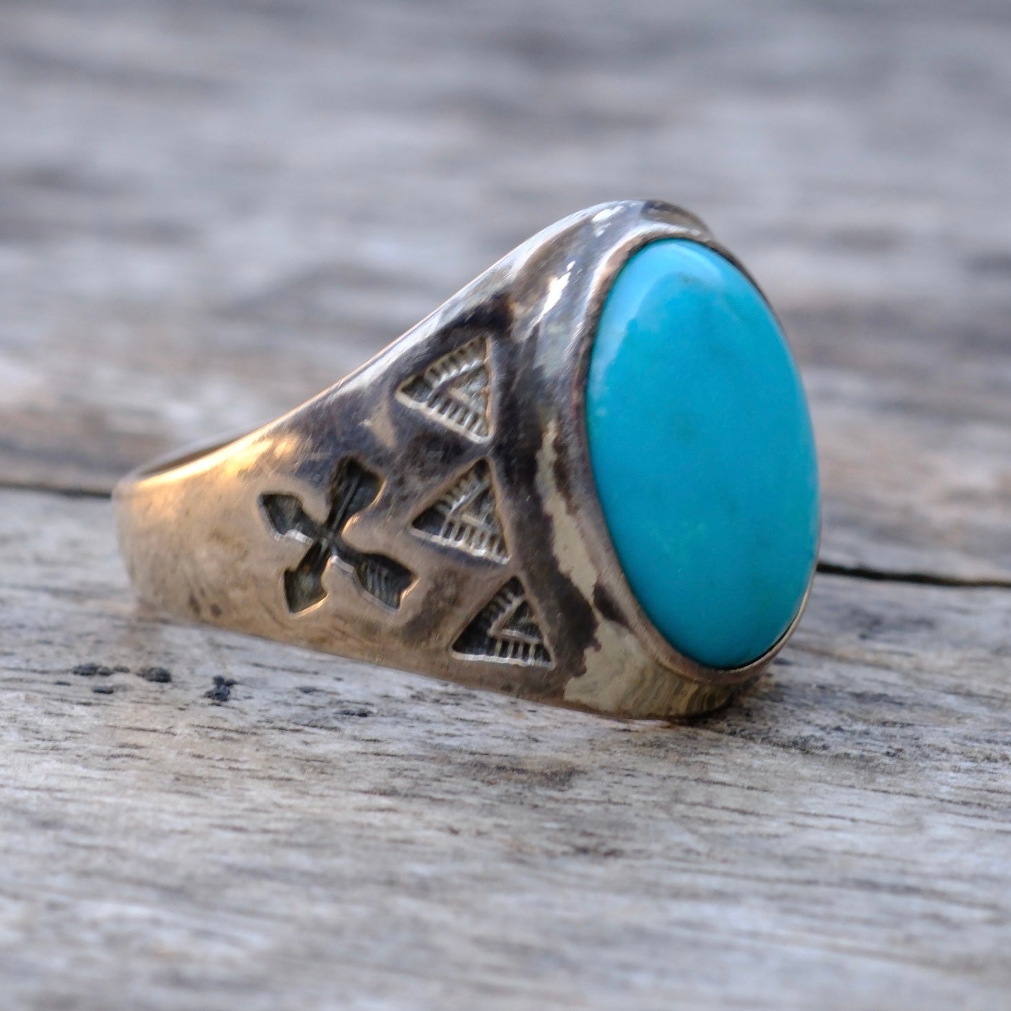 Vintage Sterling Turquoise Stamped Arrows Ring 8.5