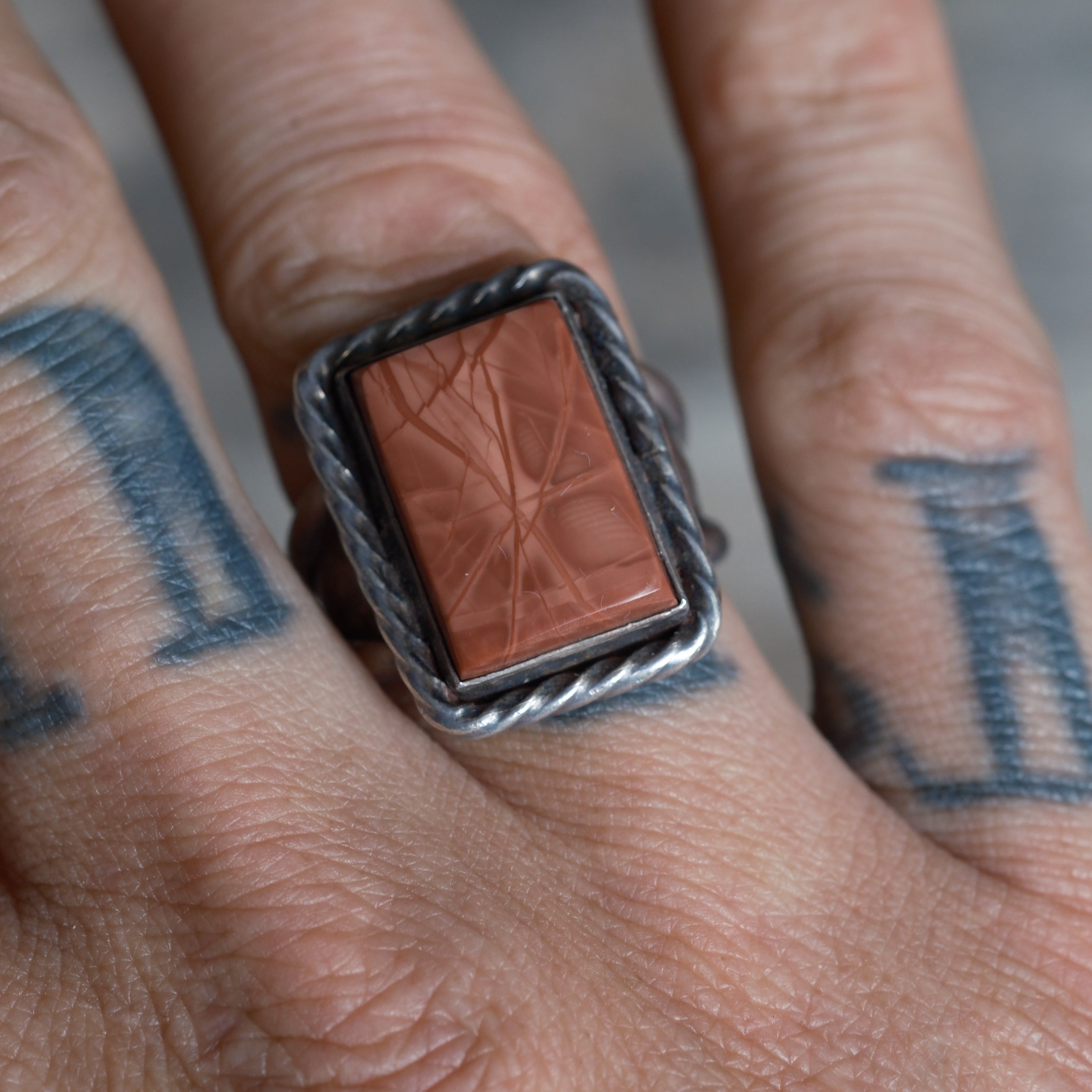 Vintage Sterling Jasper Roper Ring 8.75