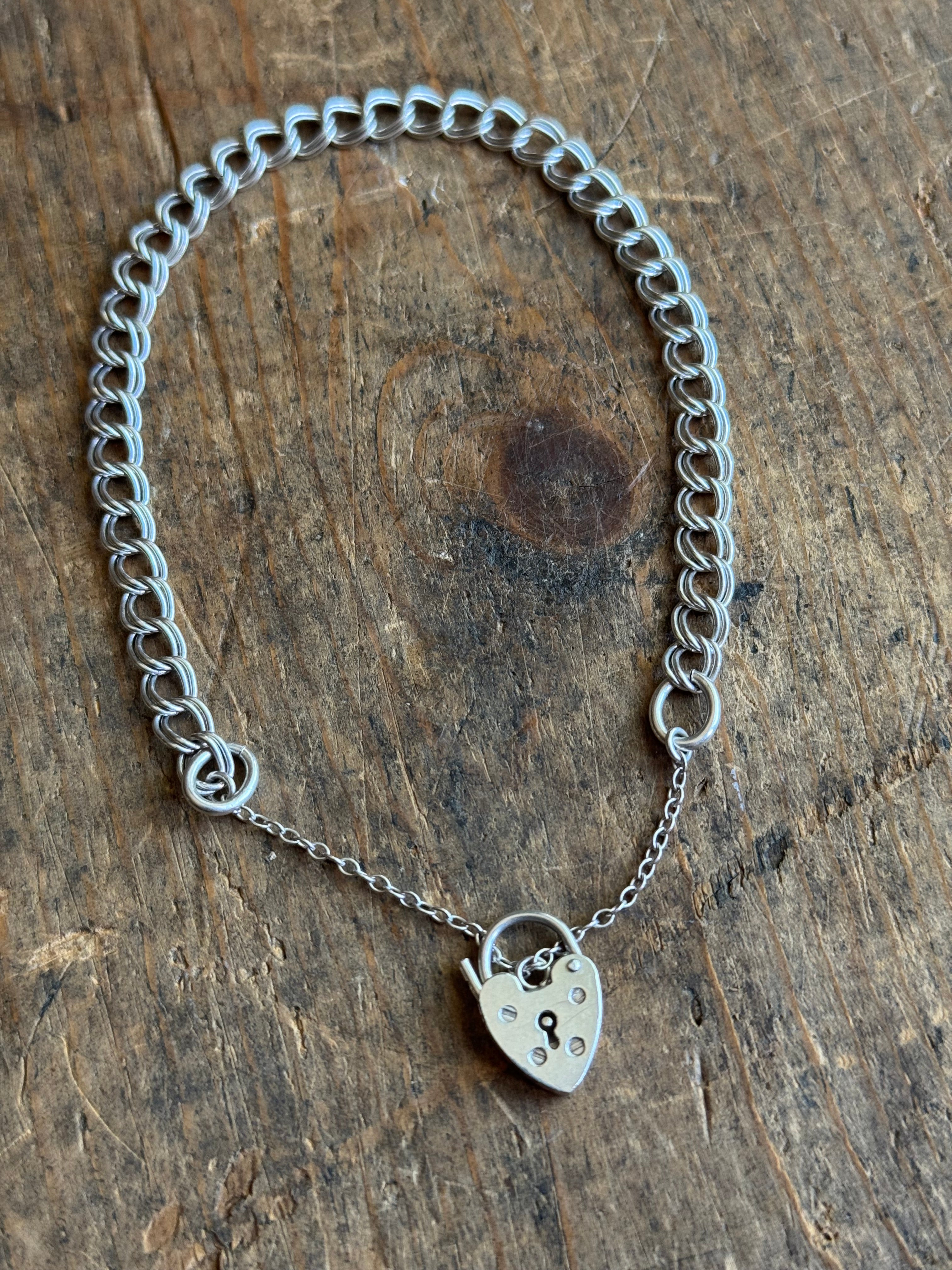 Vintage Sterling Silver Padlock Heart Double Link Chain Bracelet 7.5"