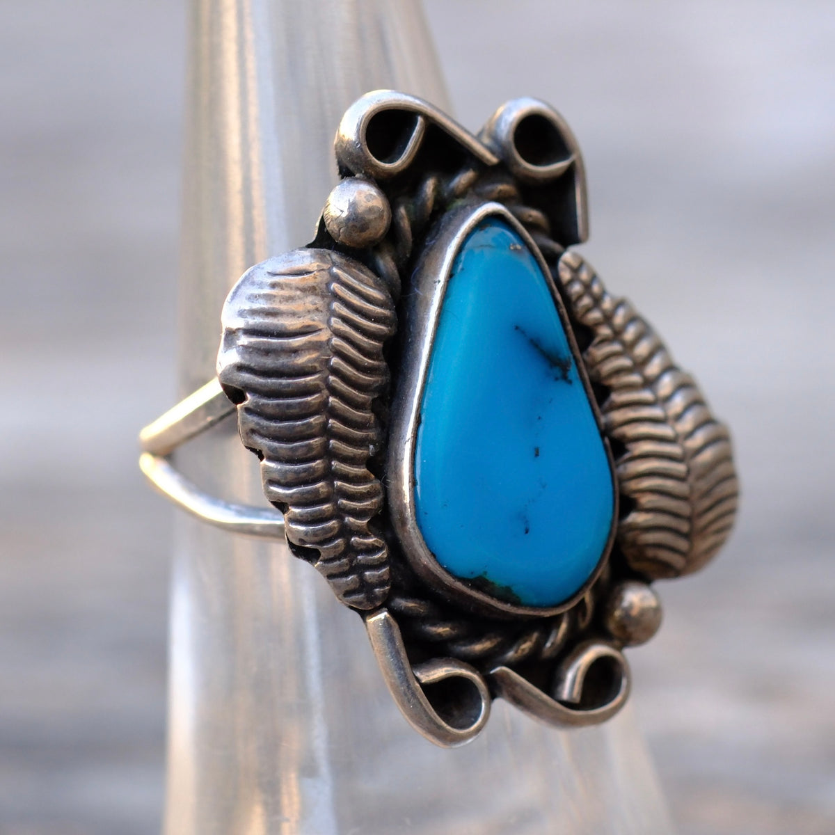 Vintage Sterling Turquoise Feather Ring 6