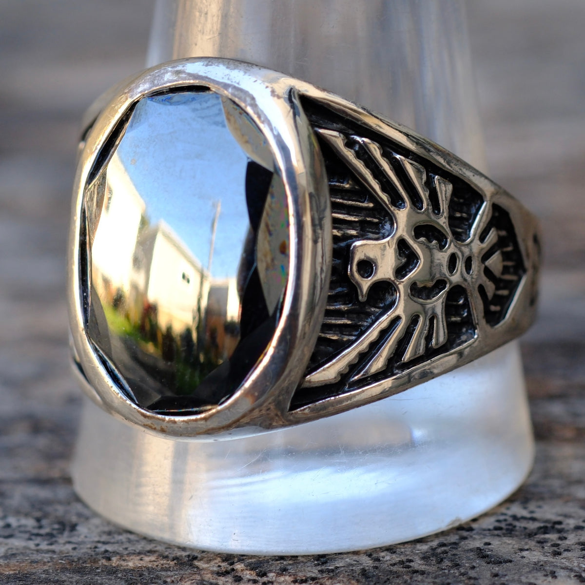 Vintage Sterling Hematite Thunderbird Ring 13.75