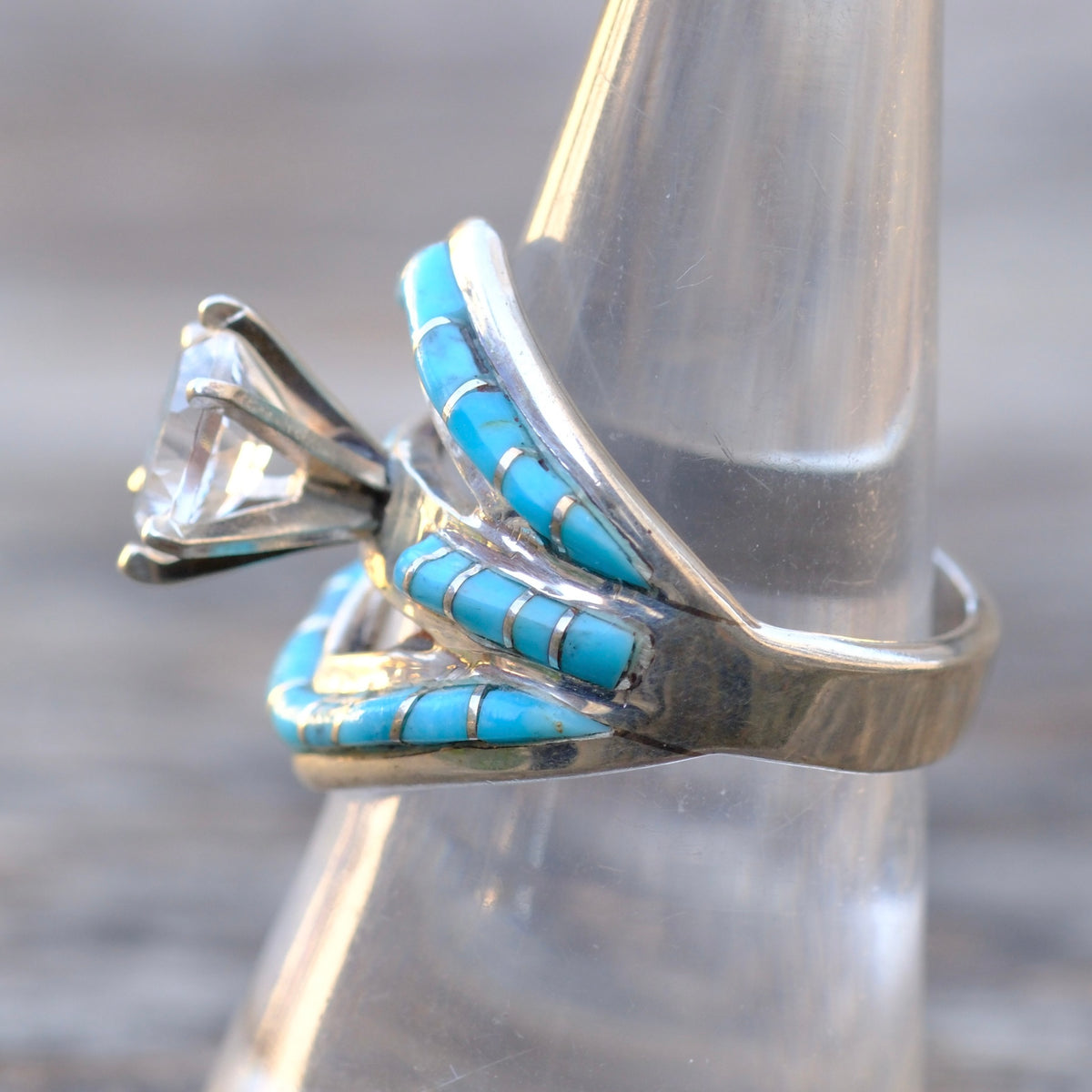 Vintage Sterling Turquoise Inlay CZ Ring 8
