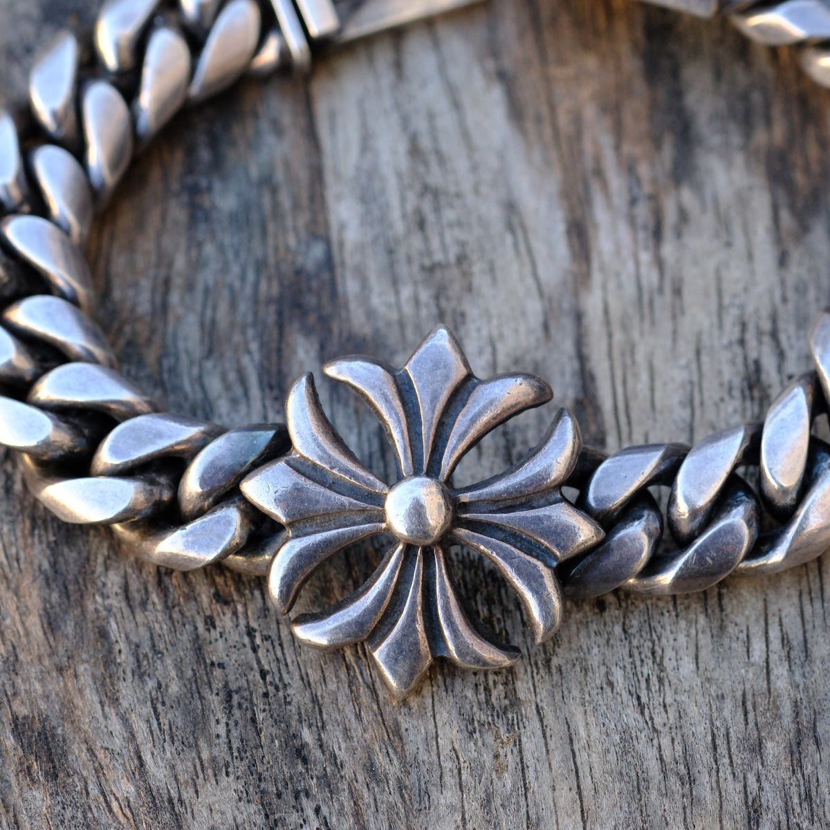 HEAVY Vintage Sterling Silver Curb Chain Cross Bracelet 8" 99.6 Grams