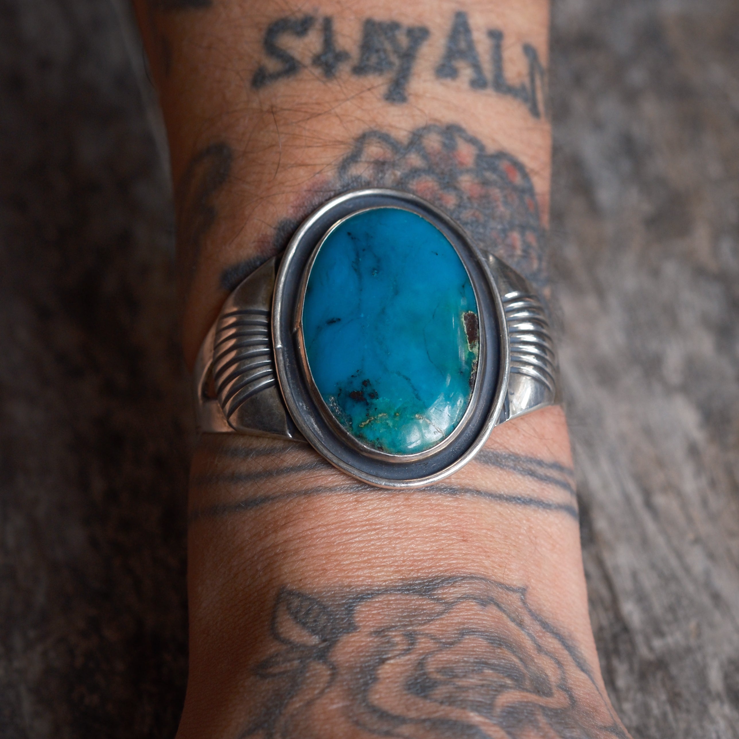 Vintage Sterling Turquoise Ribbed Cuff Bracelet