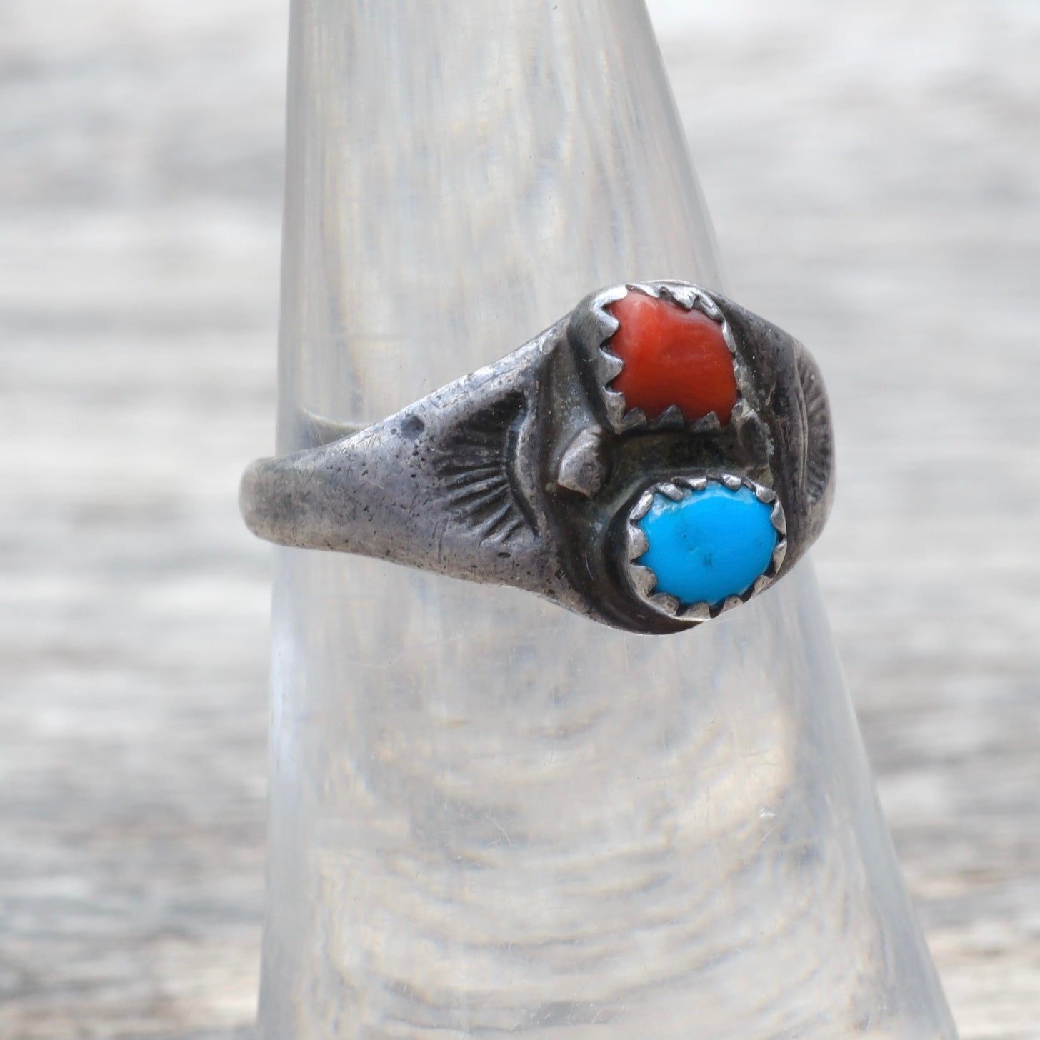 Vintage Sterling Turquoise and Coral Stamped Band Ring 6.25